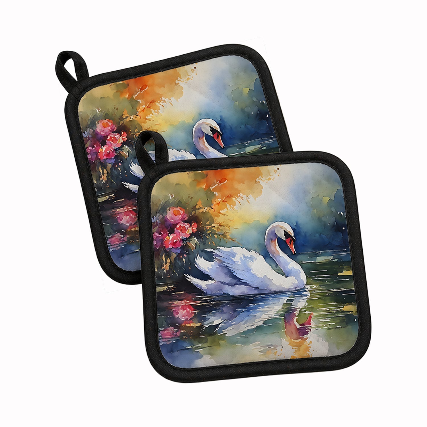 White Swan with Floral Reflection Watercolor Pot Holder Set of 2 Heat Resistant Quilted Hot Pads 7.5 x 7.5 Inch, Insulated Kitchen Trivets for Cooking & Baking