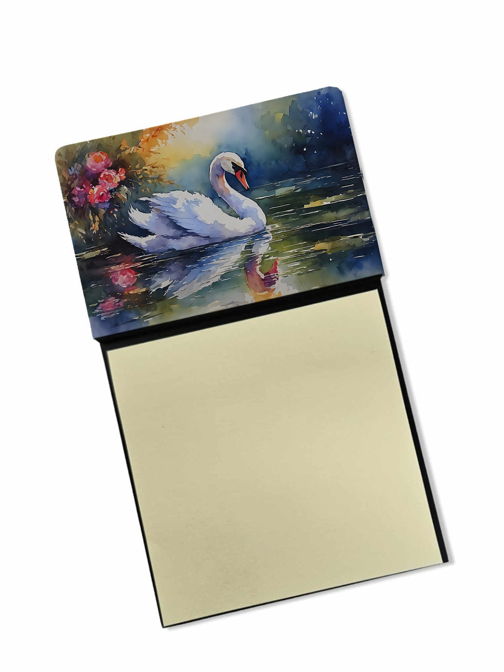White Swan with Floral Reflection Watercolor Watercolor Sticky Note Holder Refillable Dispenser Desk Accessory 3x3 Pad Gift