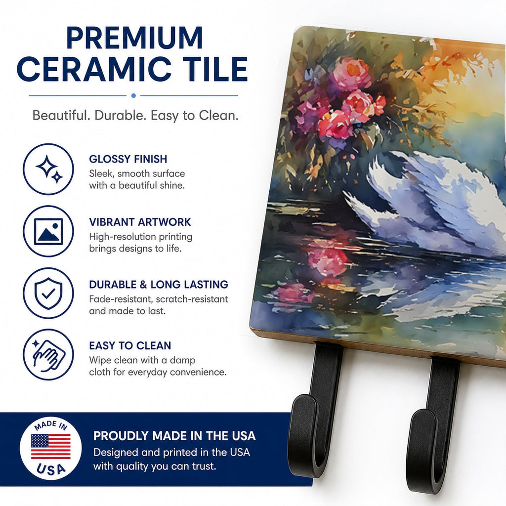 White Swan with Floral Reflection Watercolor Leash or Key Holder Wall Hooks, Coat Rack Wall Mount, for Hanging Keys, Towels, Aprons, Leashes