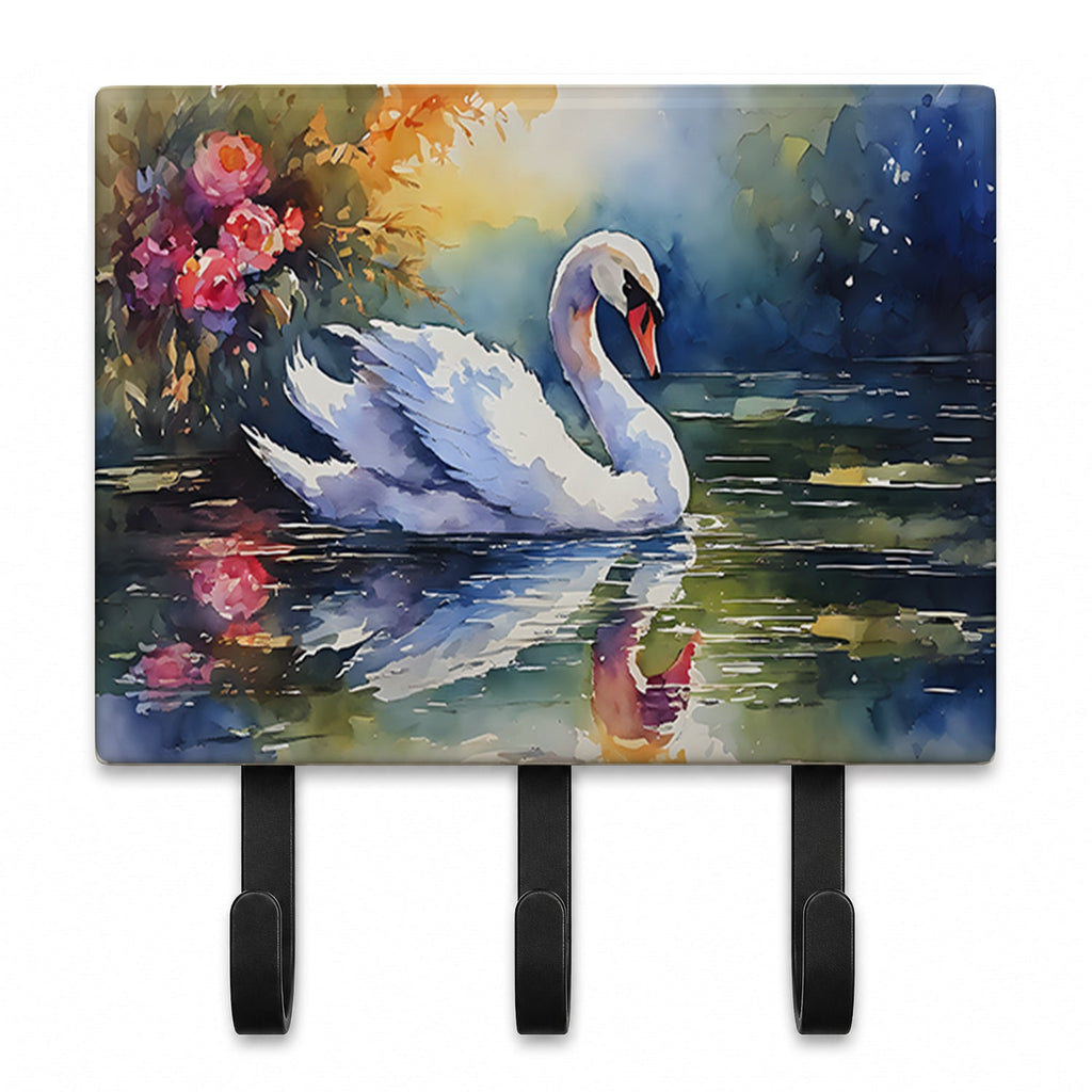 White Swan with Floral Reflection Watercolor Leash or Key Holder Wall Hooks, Coat Rack Wall Mount, for Hanging Keys, Towels, Aprons, Leashes