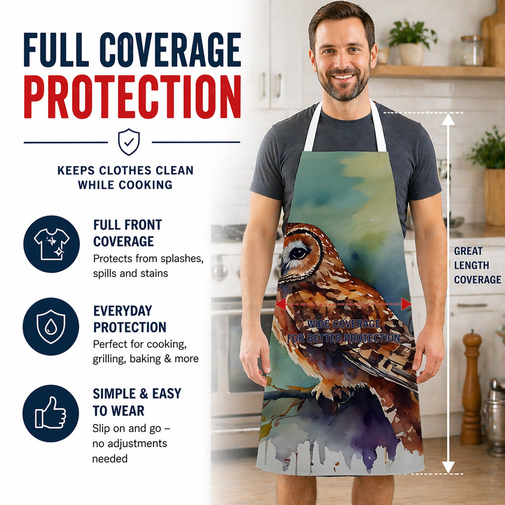 Tawny Owl Portrait Natural Watercolor Apron Cooking Kitchen Server Baking Crafts Gardening for Adult Women Men, Unisex, Large, Multicolor