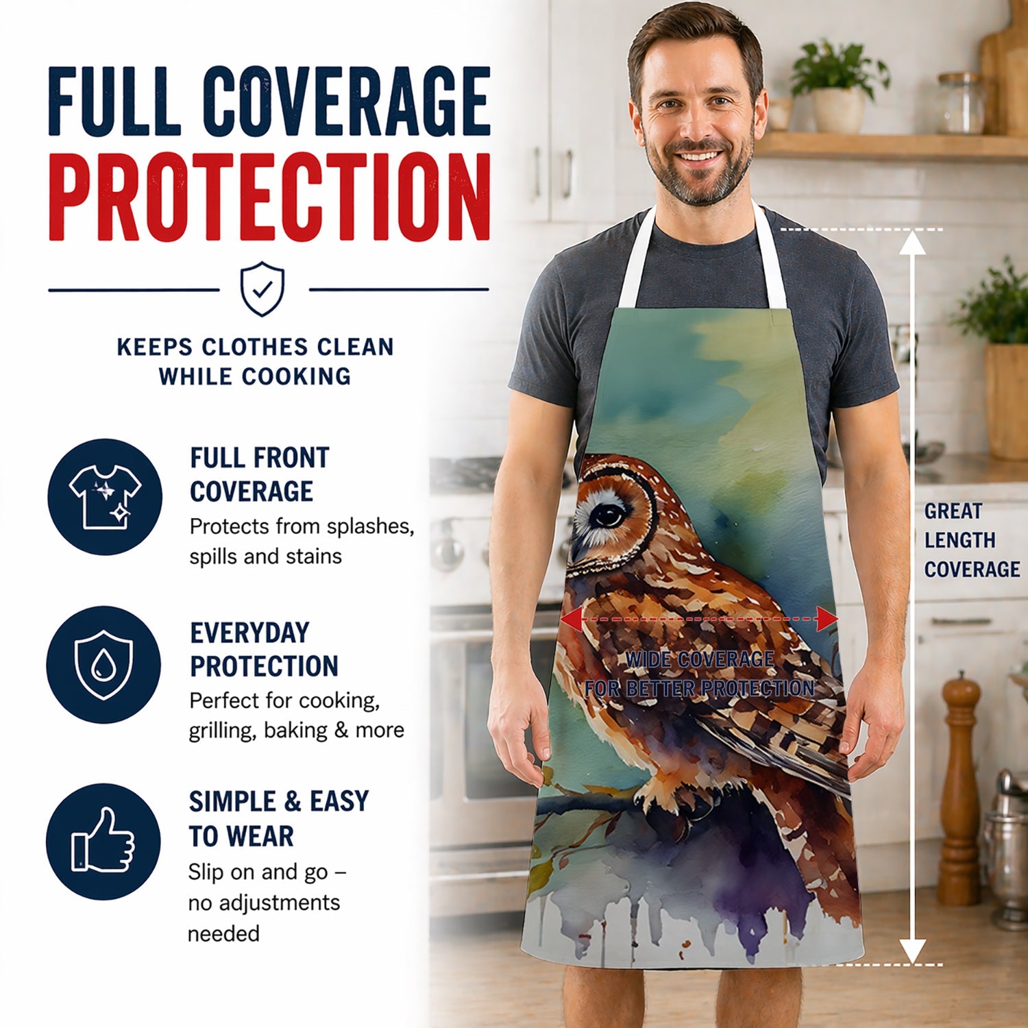 Tawny Owl Portrait Natural Watercolor Apron Cooking Kitchen Server Baking Crafts Gardening for Adult Women Men, Unisex, Large, Multicolor