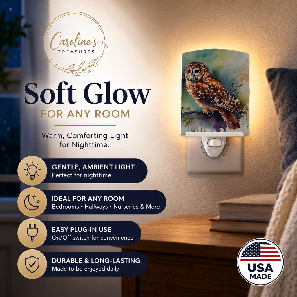 Tawny Owl Portrait Natural Watercolor Ceramic Night Light Compact, UL-Certified, Ideal for Bedroom, Bathroom, Nursery, Hallway, Kitchen, 6x4x3, Multicolor