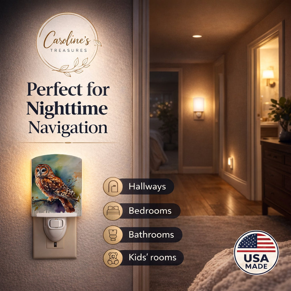 Tawny Owl Portrait Natural Watercolor Ceramic Night Light Compact, UL-Certified, Ideal for Bedroom, Bathroom, Nursery, Hallway, Kitchen, 6x4x3, Multicolor