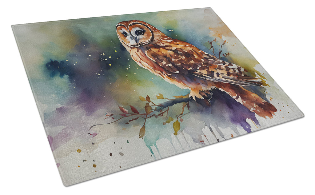 Tawny Owl Portrait Natural Watercolor Cutting Board Tempered Glass Kitchen Cutting Surface, Heat Resistant Chopping, Non-Slip Feet, Food Prep & Serving