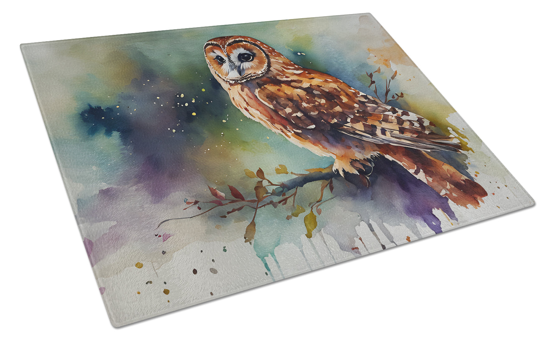 Tawny Owl Portrait Natural Watercolor Cutting Board Tempered Glass Kitchen Cutting Surface, Heat Resistant Chopping, Non-Slip Feet, Food Prep & Serving
