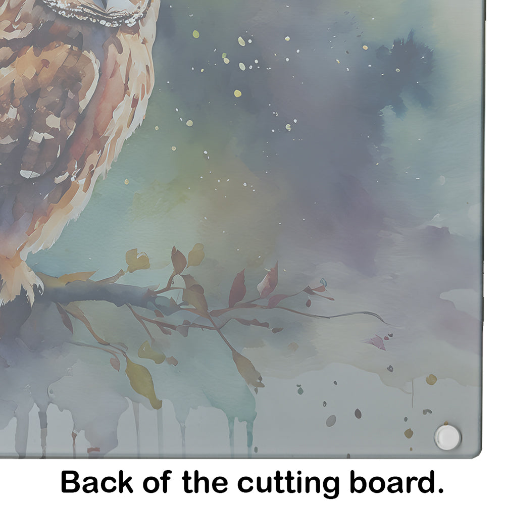 Tawny Owl Portrait Natural Watercolor Cutting Board Tempered Glass Kitchen Cutting Surface, Heat Resistant Chopping, Non-Slip Feet, Food Prep & Serving