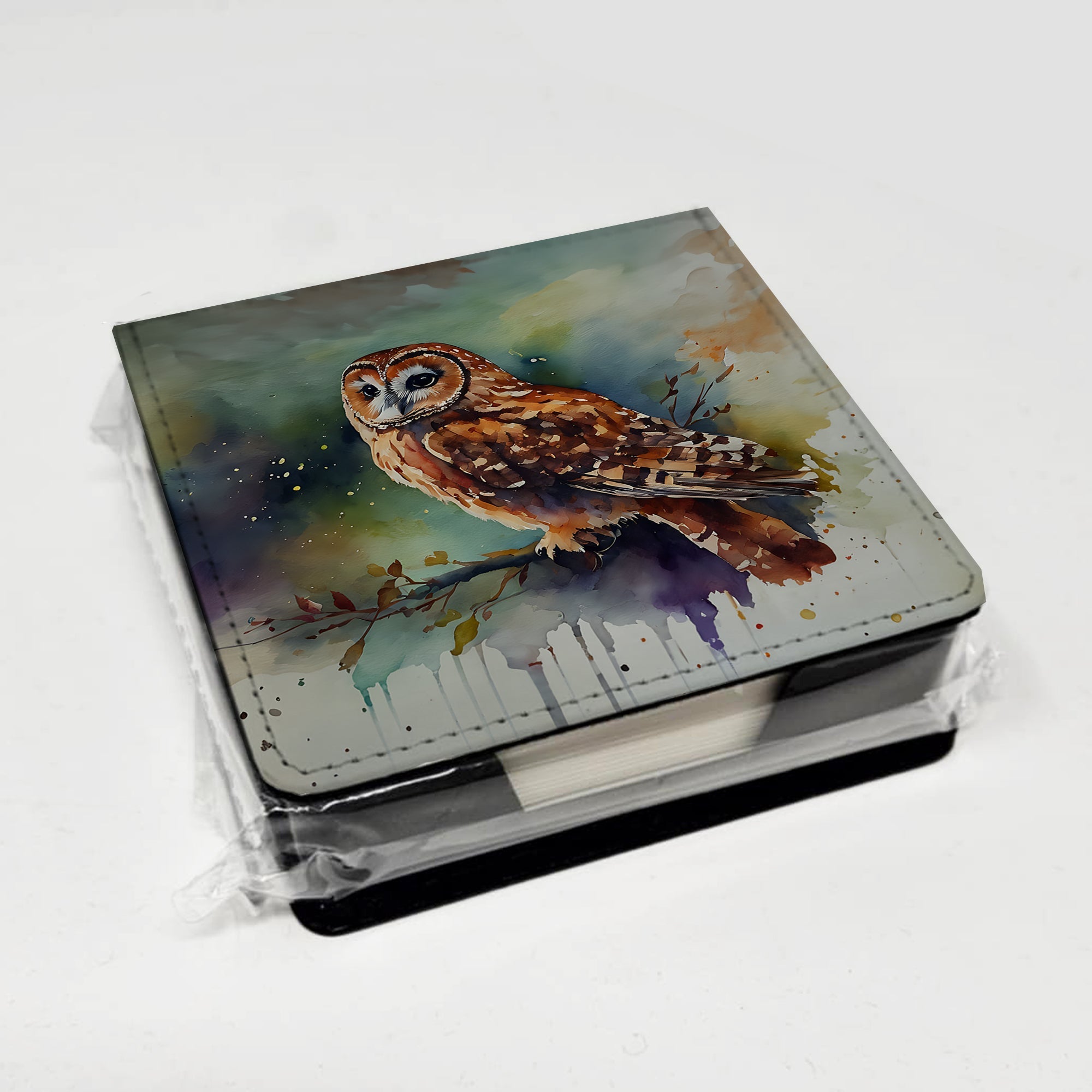 Tawny Owl Portrait Natural Watercolor PU Leather Note Paper Holder with Artist-Designed Cover, Desk Accessory, Office Gift