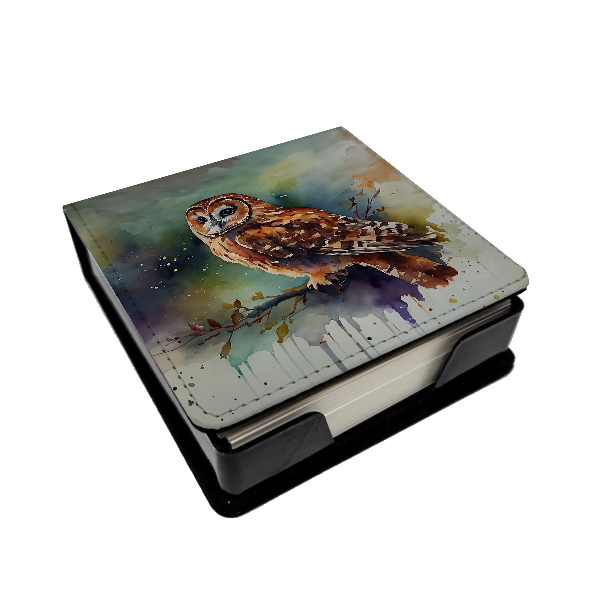 Tawny Owl Portrait Natural Watercolor PU Leather Note Paper Holder with Artist-Designed Cover, Desk Accessory, Office Gift