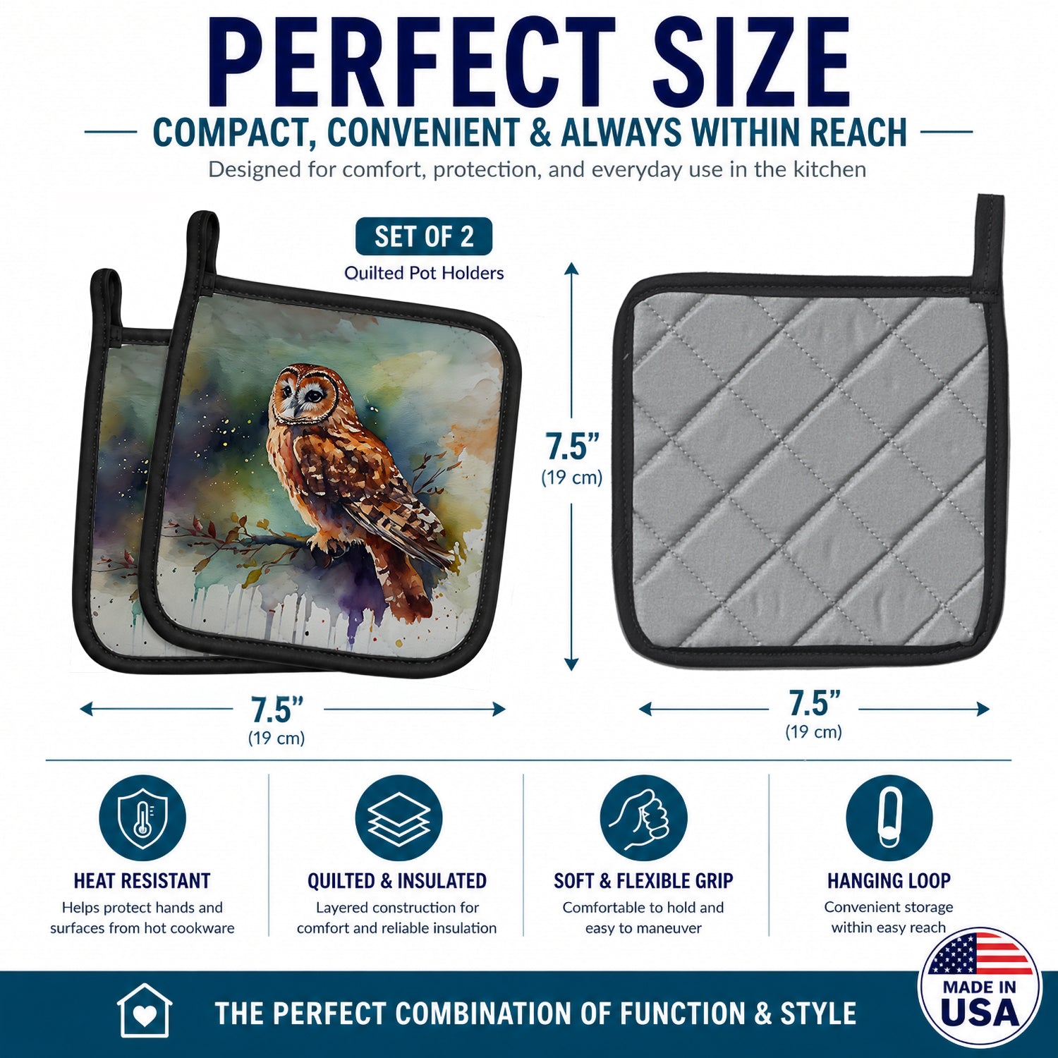 Tawny Owl Portrait Natural Watercolor Pot Holder Set of 2 Heat Resistant Quilted Hot Pads 7.5 x 7.5 Inch, Insulated Kitchen Trivets for Cooking & Baking