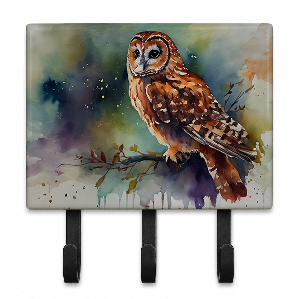 Tawny Owl Portrait Natural Watercolor Leash or Key Holder Wall Hooks, Coat Rack Wall Mount, for Hanging Keys, Towels, Aprons, Leashes