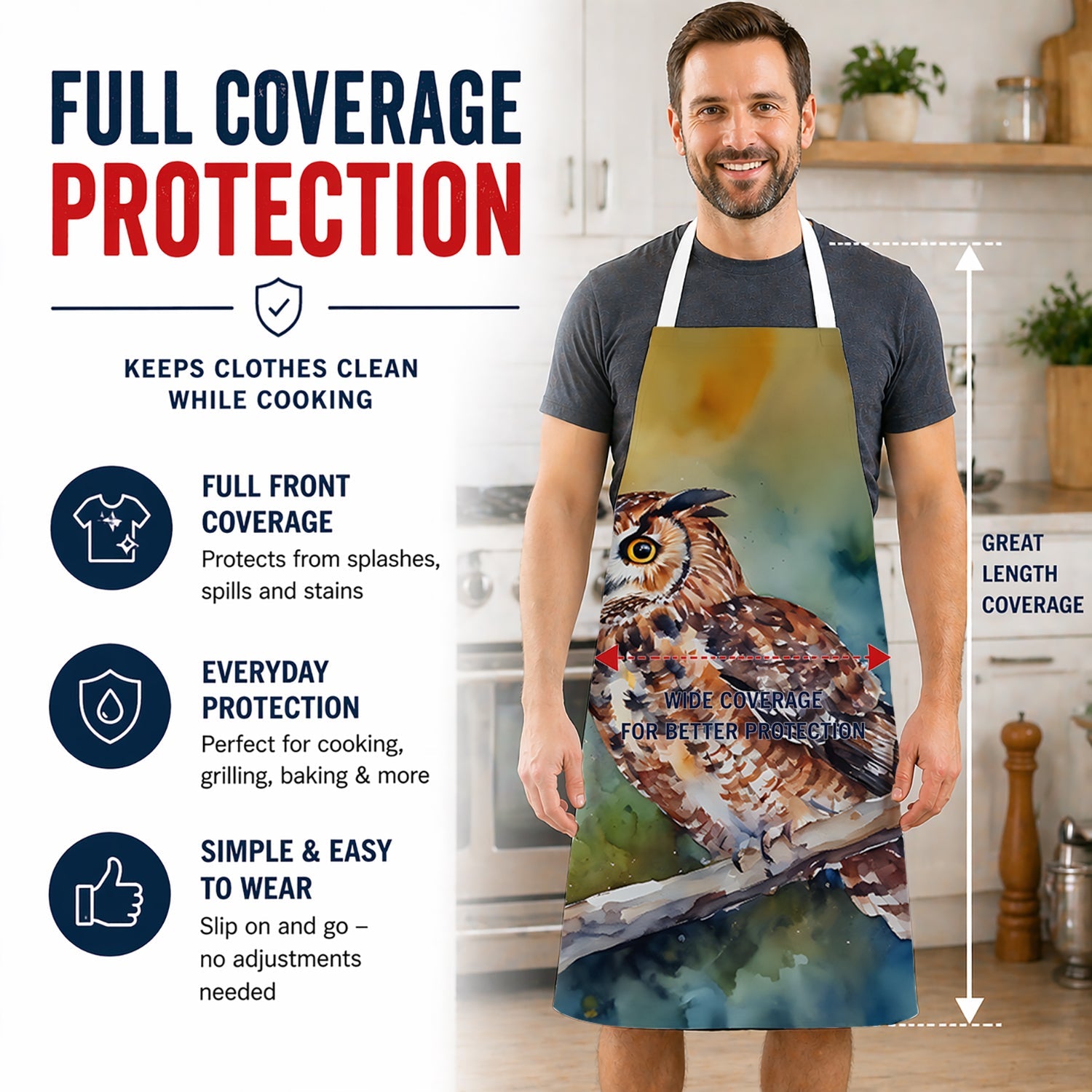 Tawny Owl on Branch Watercolor Apron Cooking Kitchen Server Baking Crafts Gardening for Adult Women Men, Unisex, Large, Multicolor