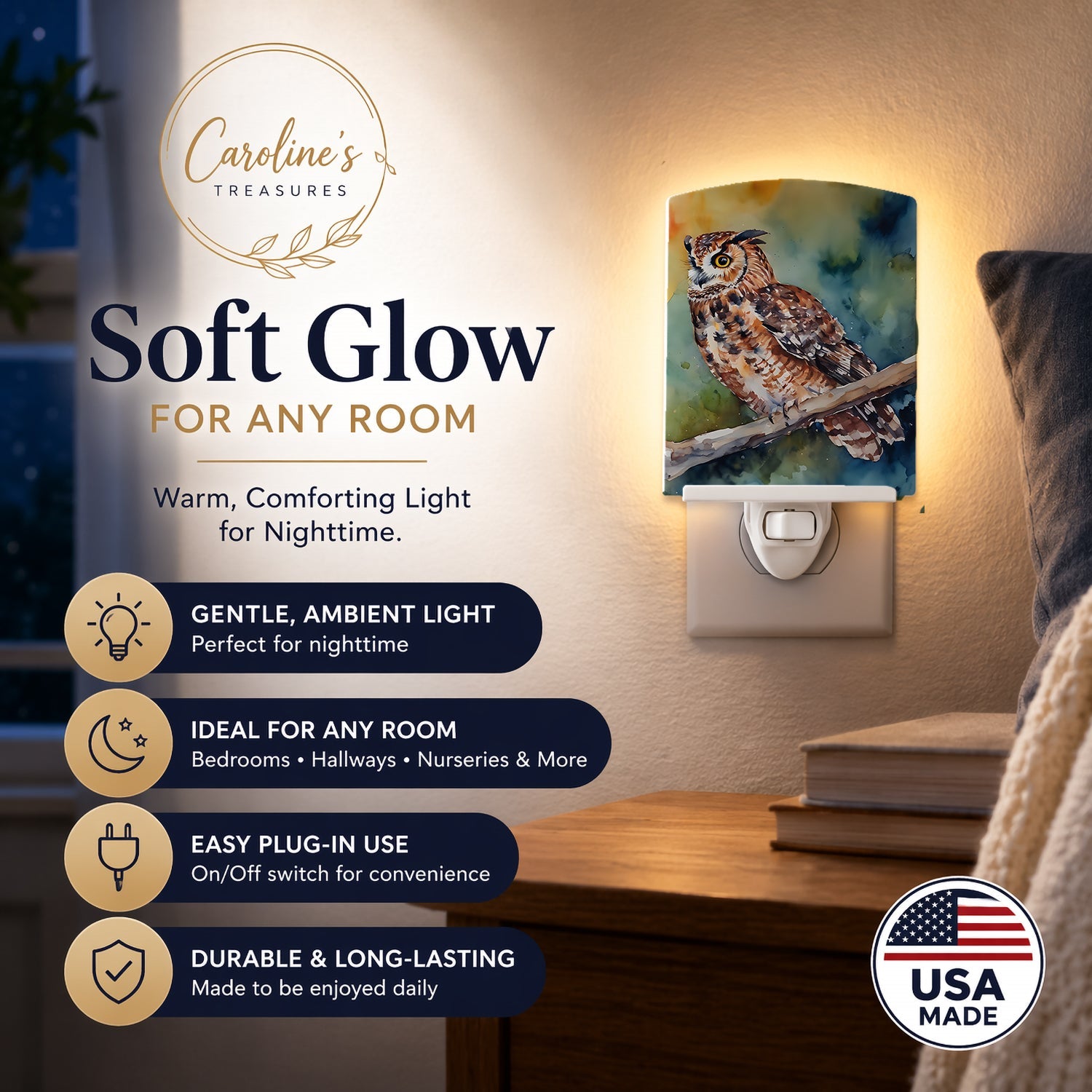 Tawny Owl on Branch Watercolor Ceramic Night Light Compact, UL-Certified, Ideal for Bedroom, Bathroom, Nursery, Hallway, Kitchen, 6x4x3, Multicolor