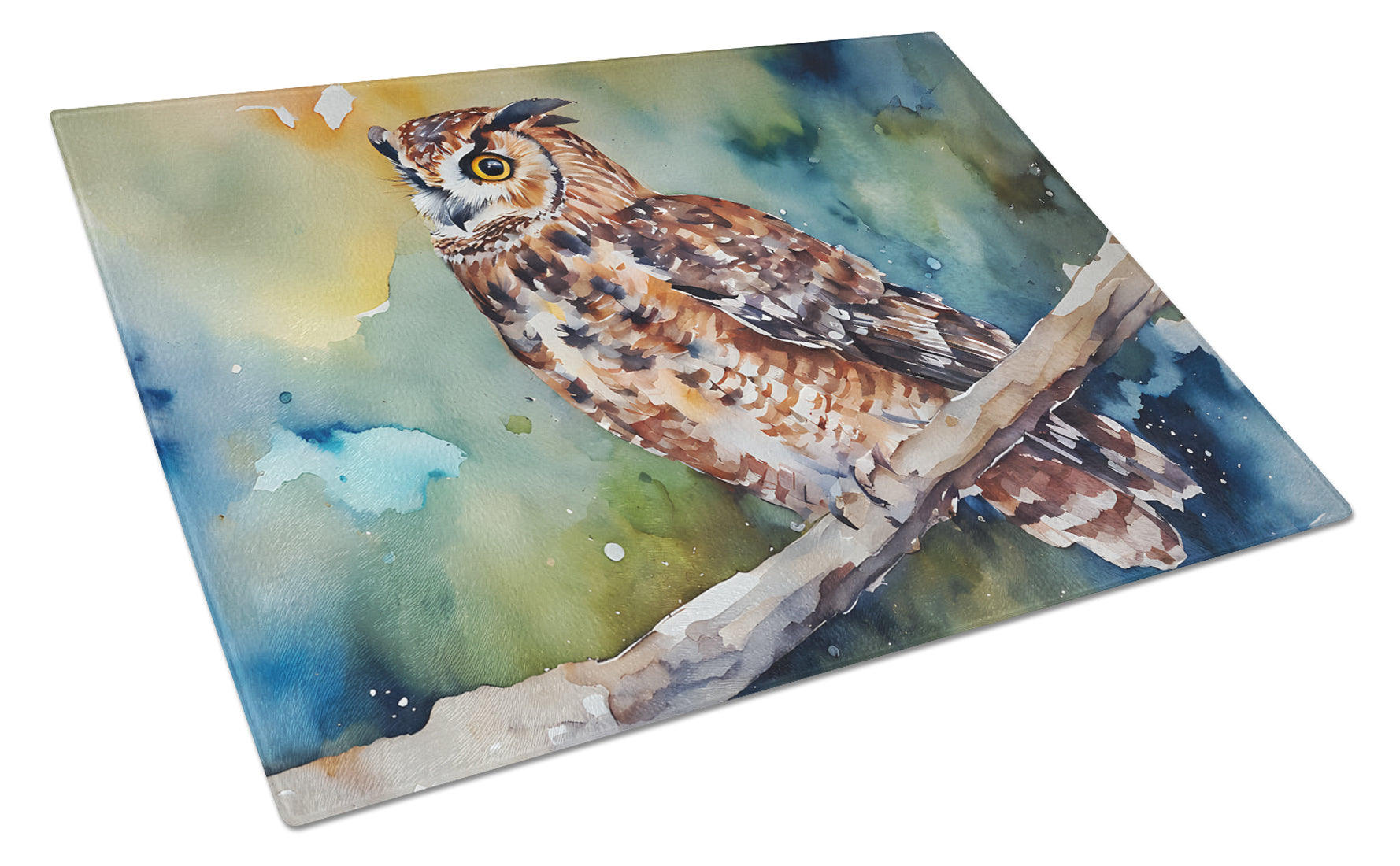 Tawny Owl on Branch Watercolor Cutting Board Tempered Glass Kitchen Cutting Surface, Heat Resistant Chopping, Non-Slip Feet, Food Prep & Serving