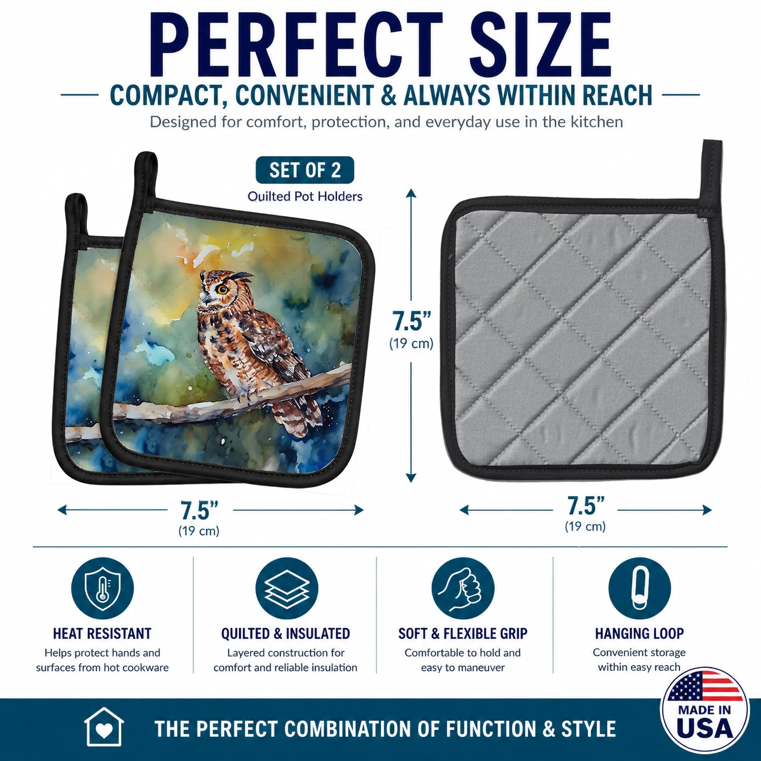 Tawny Owl on Branch Watercolor Pot Holder Set of 2 Heat Resistant Quilted Hot Pads 7.5 x 7.5 Inch, Insulated Kitchen Trivets for Cooking & Baking