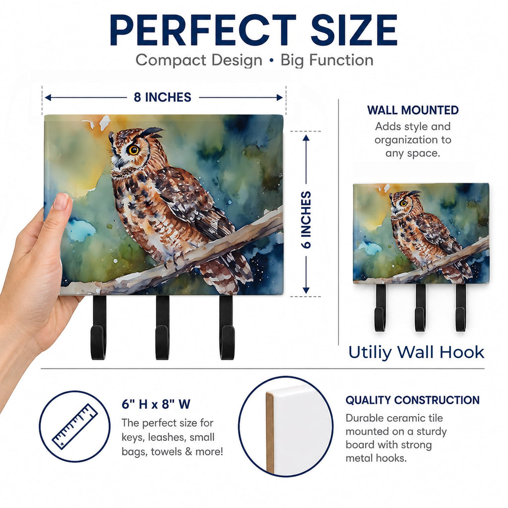 Tawny Owl on Branch Watercolor Leash or Key Holder Wall Hooks, Coat Rack Wall Mount, for Hanging Keys, Towels, Aprons, Leashes