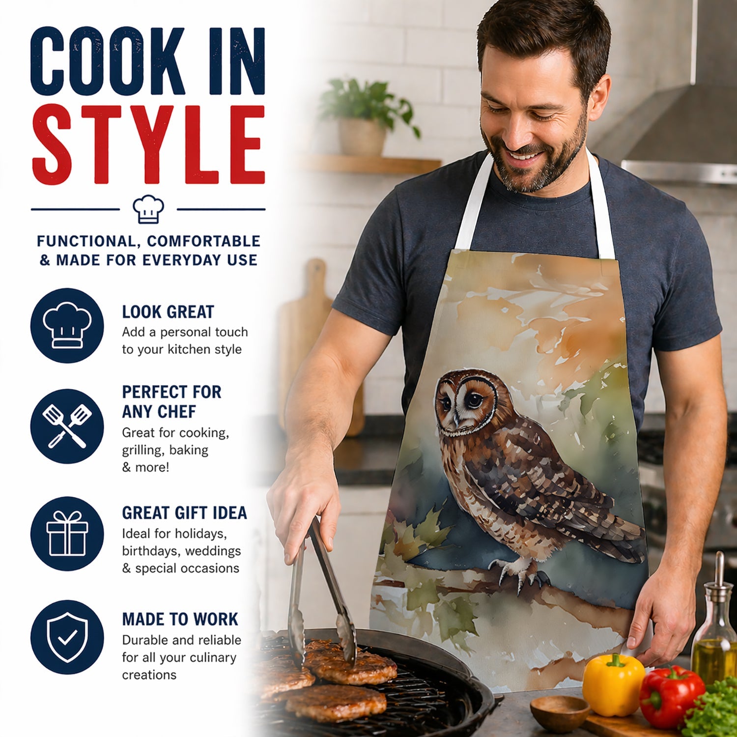 Tawny Owl Soft Background Watercolor Apron Cooking Kitchen Server Baking Crafts Gardening for Adult Women Men, Unisex, Large, Multicolor