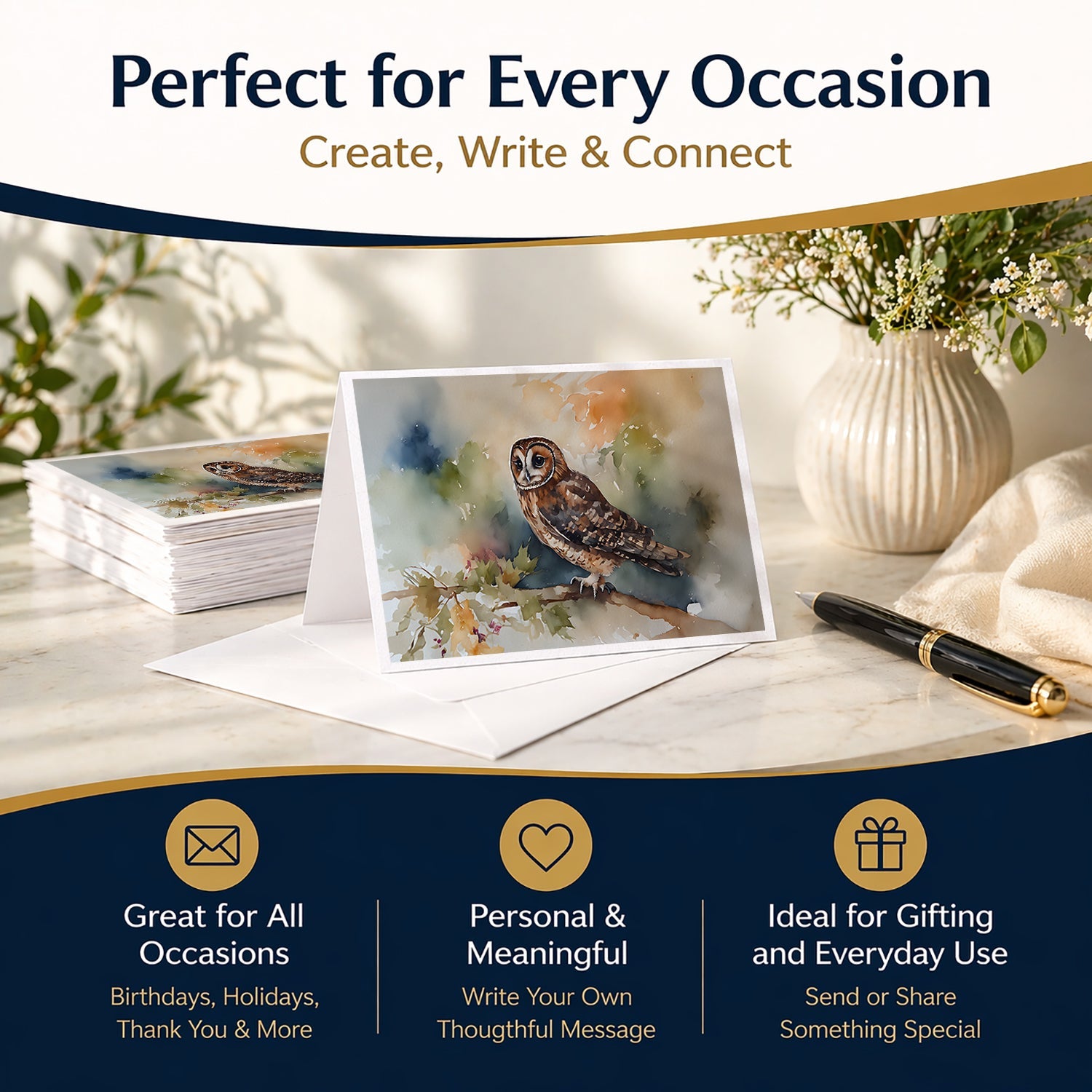 Tawny Owl Soft Background Watercolor Greeting Cards Pack of 8 Blank Cards with Envelopes Whimsical A7 Size 5x7