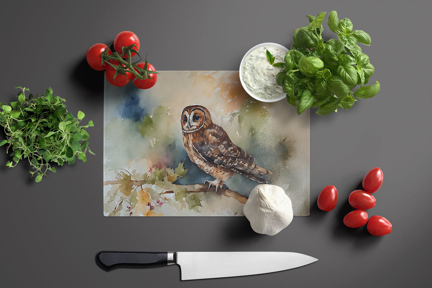 Tawny Owl Soft Background Watercolor Cutting Board Tempered Glass Kitchen Cutting Surface, Heat Resistant Chopping, Non-Slip Feet, Food Prep & Serving