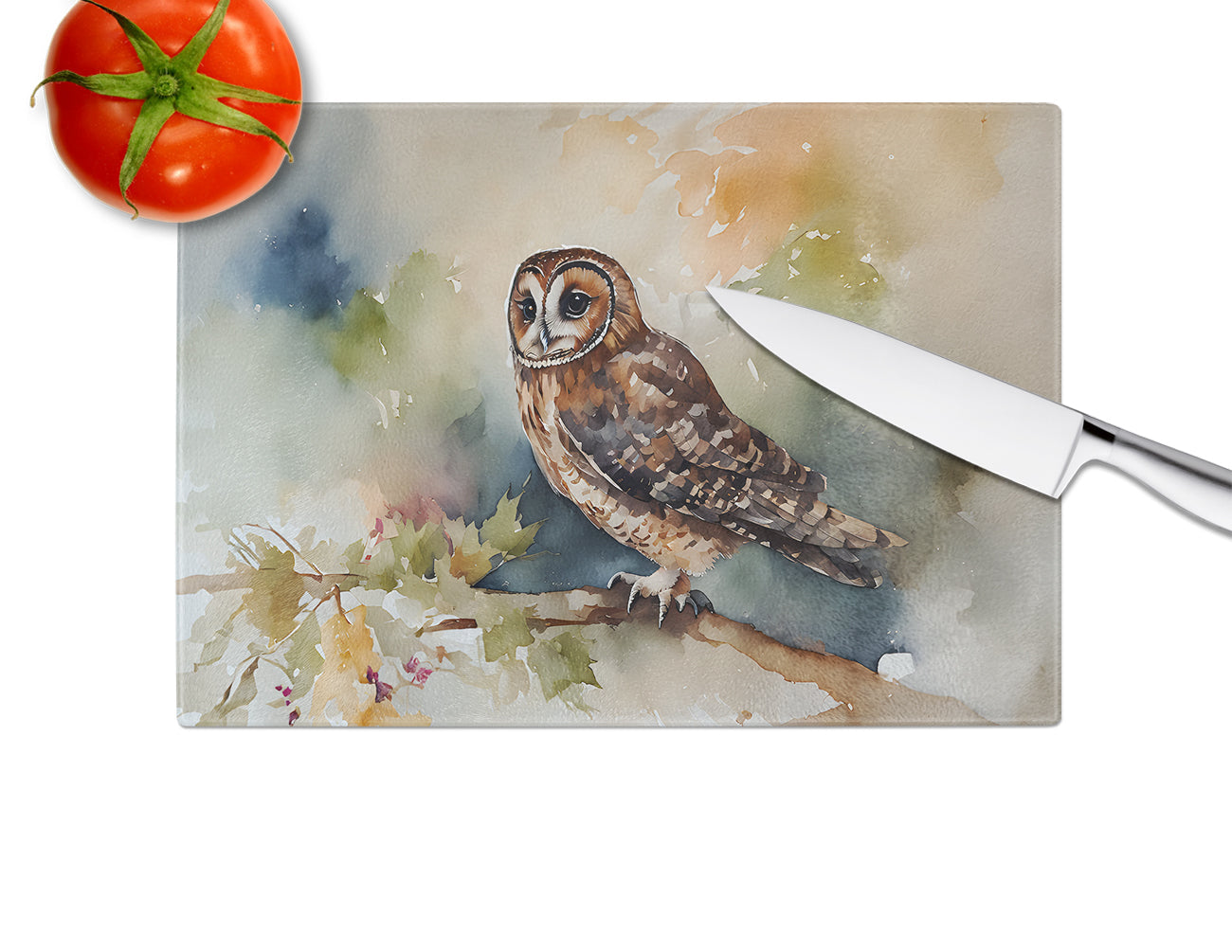 Tawny Owl Soft Background Watercolor Cutting Board Tempered Glass Kitchen Cutting Surface, Heat Resistant Chopping, Non-Slip Feet, Food Prep & Serving