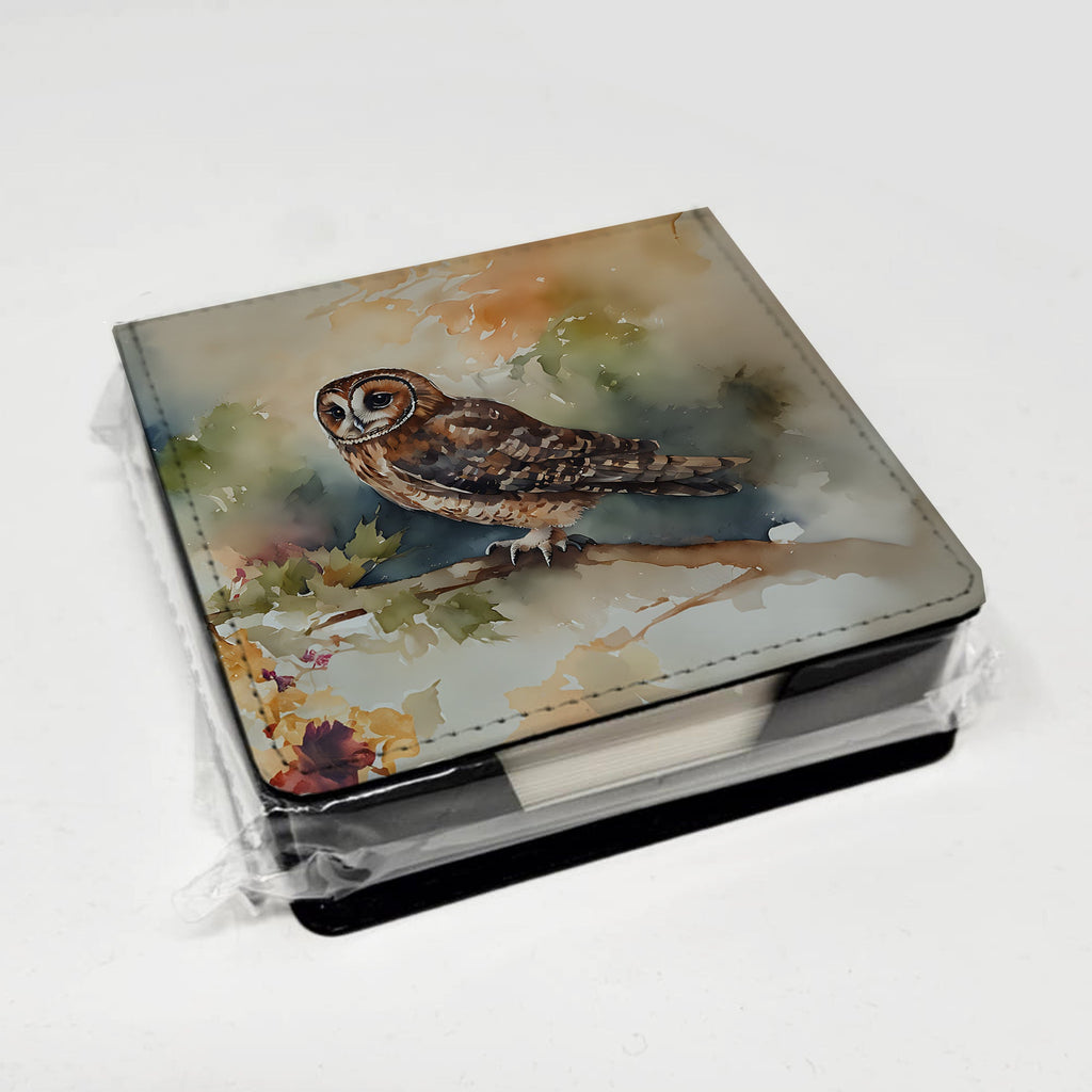 Tawny Owl Soft Background Watercolor PU Leather Note Paper Holder with Artist-Designed Cover, Desk Accessory, Office Gift