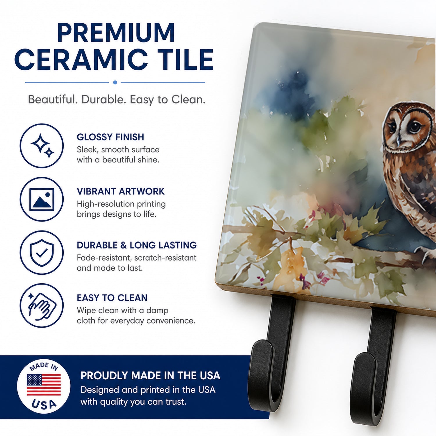 Tawny Owl Soft Background Watercolor Leash or Key Holder Wall Hooks, Coat Rack Wall Mount, for Hanging Keys, Towels, Aprons, Leashes