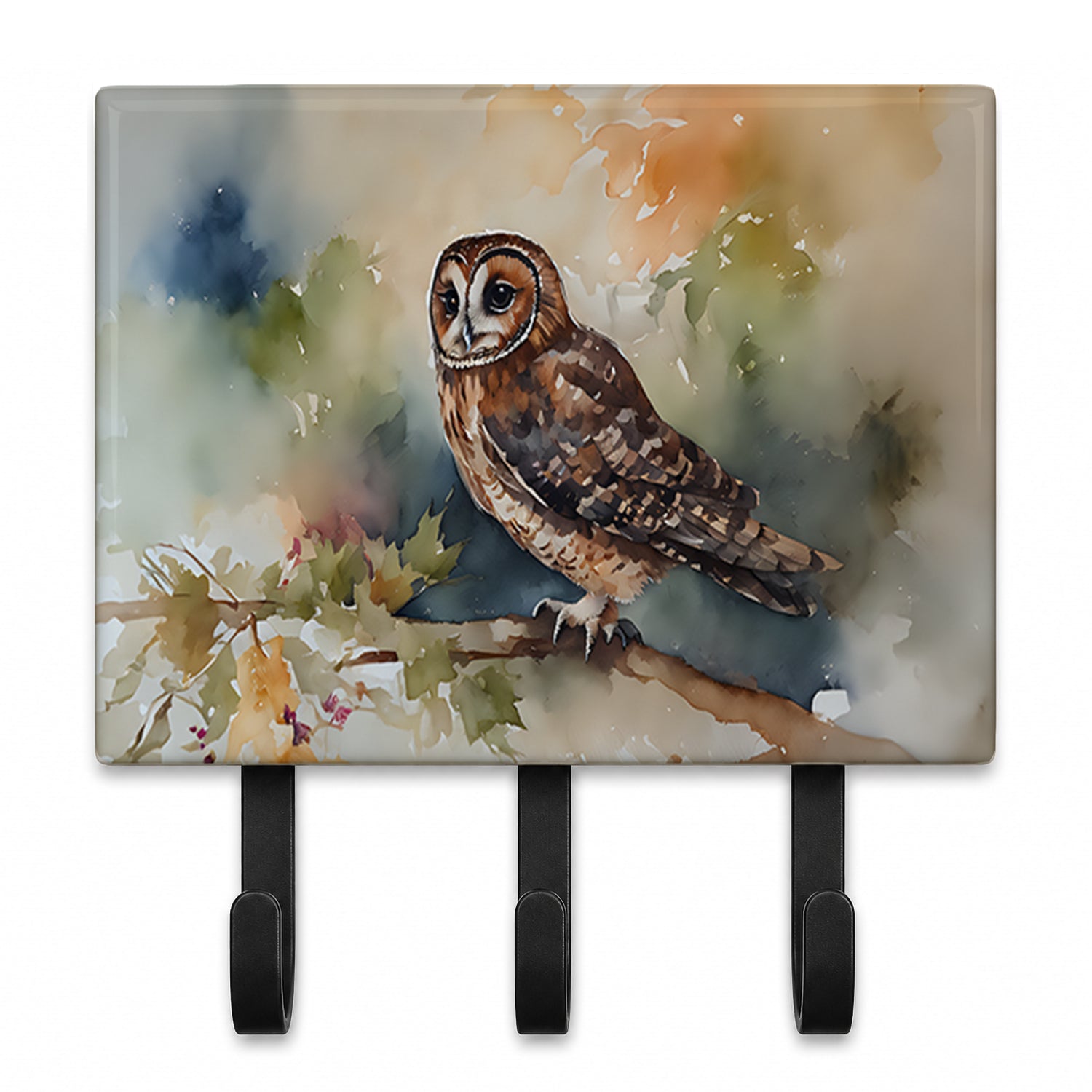 Tawny Owl Soft Background Watercolor Leash or Key Holder Wall Hooks, Coat Rack Wall Mount, for Hanging Keys, Towels, Aprons, Leashes
