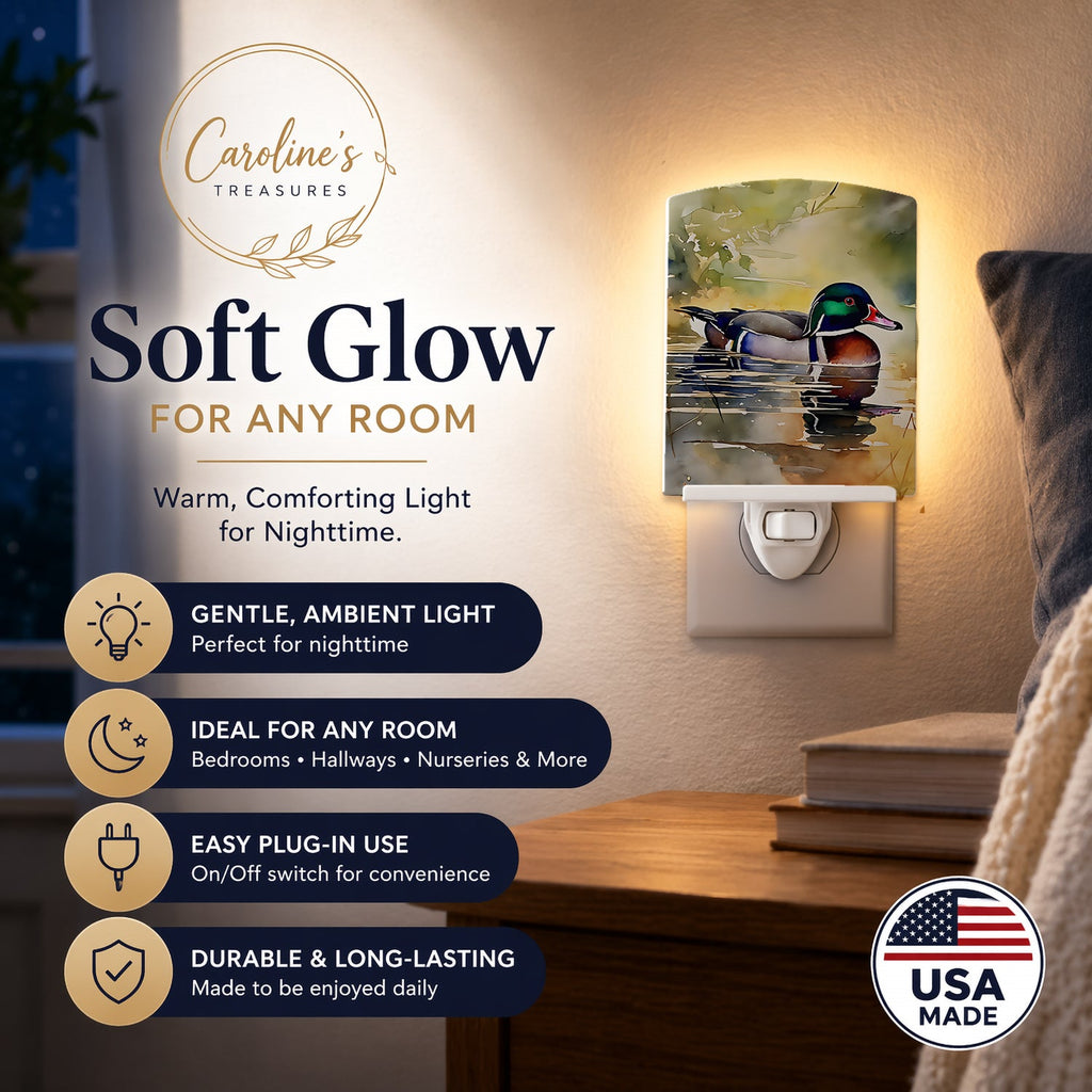 Wood Duck Swimming Pond Watercolor Ceramic Night Light Compact, UL-Certified, Ideal for Bedroom, Bathroom, Nursery, Hallway, Kitchen, 6x4x3, Multicolor