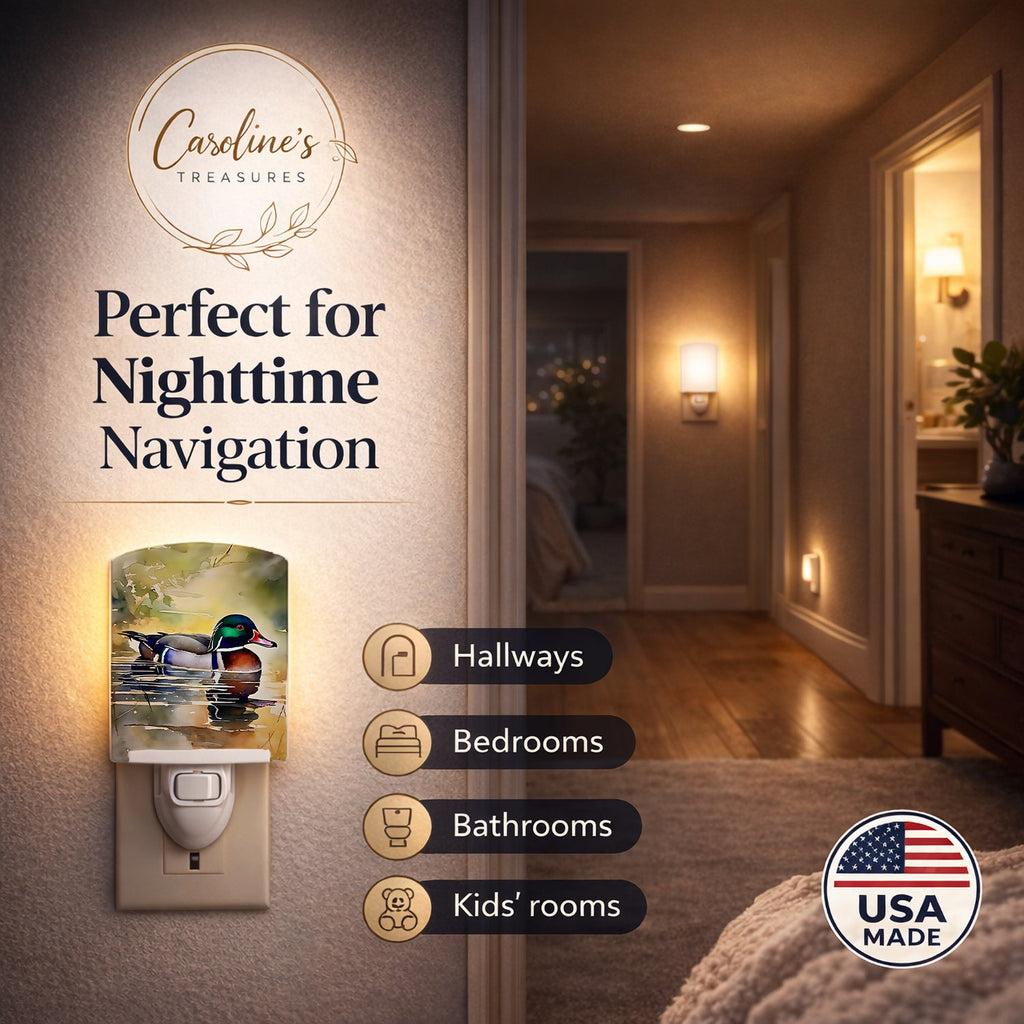 Wood Duck Swimming Pond Watercolor Ceramic Night Light Compact, UL-Certified, Ideal for Bedroom, Bathroom, Nursery, Hallway, Kitchen, 6x4x3, Multicolor