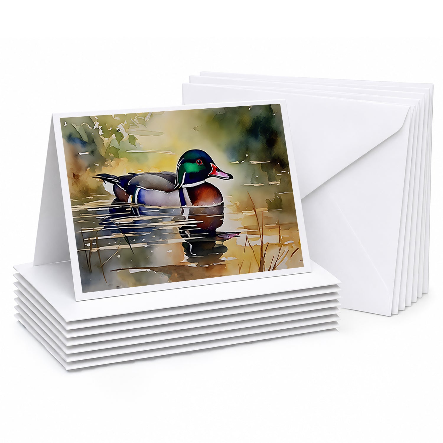 Wood Duck Swimming Pond Watercolor Greeting Cards Pack of 8 Blank Cards with Envelopes Whimsical A7 Size 5x7
