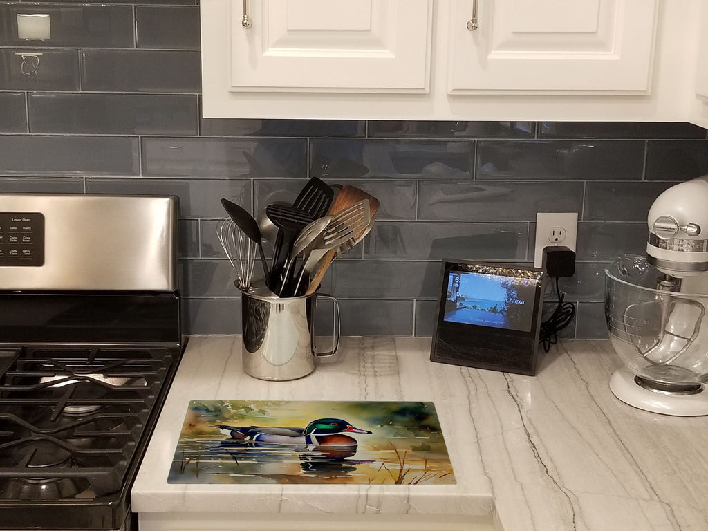 Wood Duck Swimming Pond Watercolor Cutting Board Tempered Glass Kitchen Cutting Surface, Heat Resistant Chopping, Non-Slip Feet, Food Prep & Serving