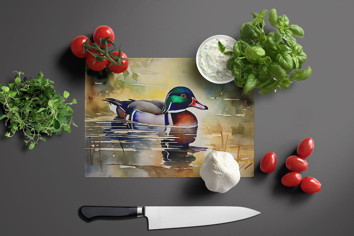 Wood Duck Swimming Pond Watercolor Cutting Board Tempered Glass Kitchen Cutting Surface, Heat Resistant Chopping, Non-Slip Feet, Food Prep & Serving