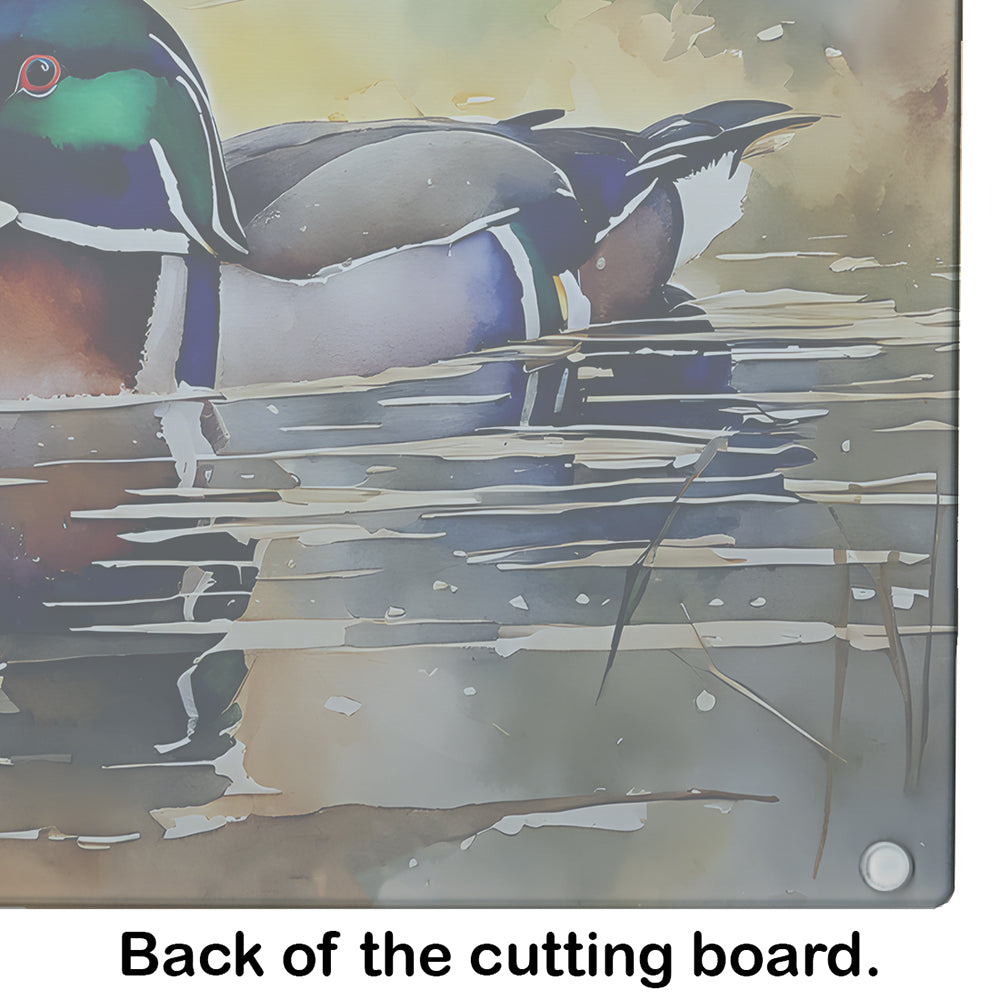 Wood Duck Swimming Pond Watercolor Cutting Board Tempered Glass Kitchen Cutting Surface, Heat Resistant Chopping, Non-Slip Feet, Food Prep & Serving