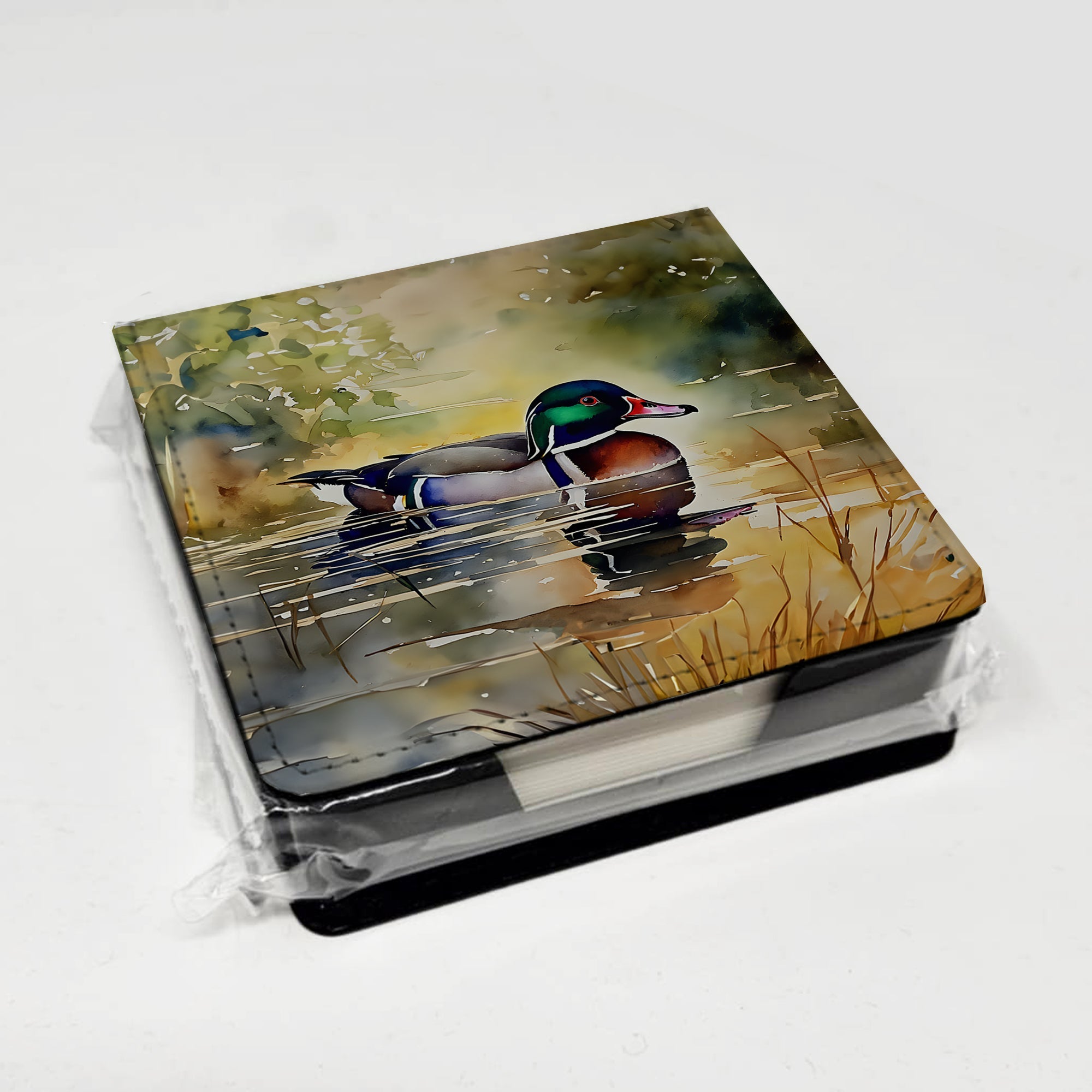 Wood Duck Swimming Pond Watercolor PU Leather Note Paper Holder with Artist-Designed Cover, Desk Accessory, Office Gift