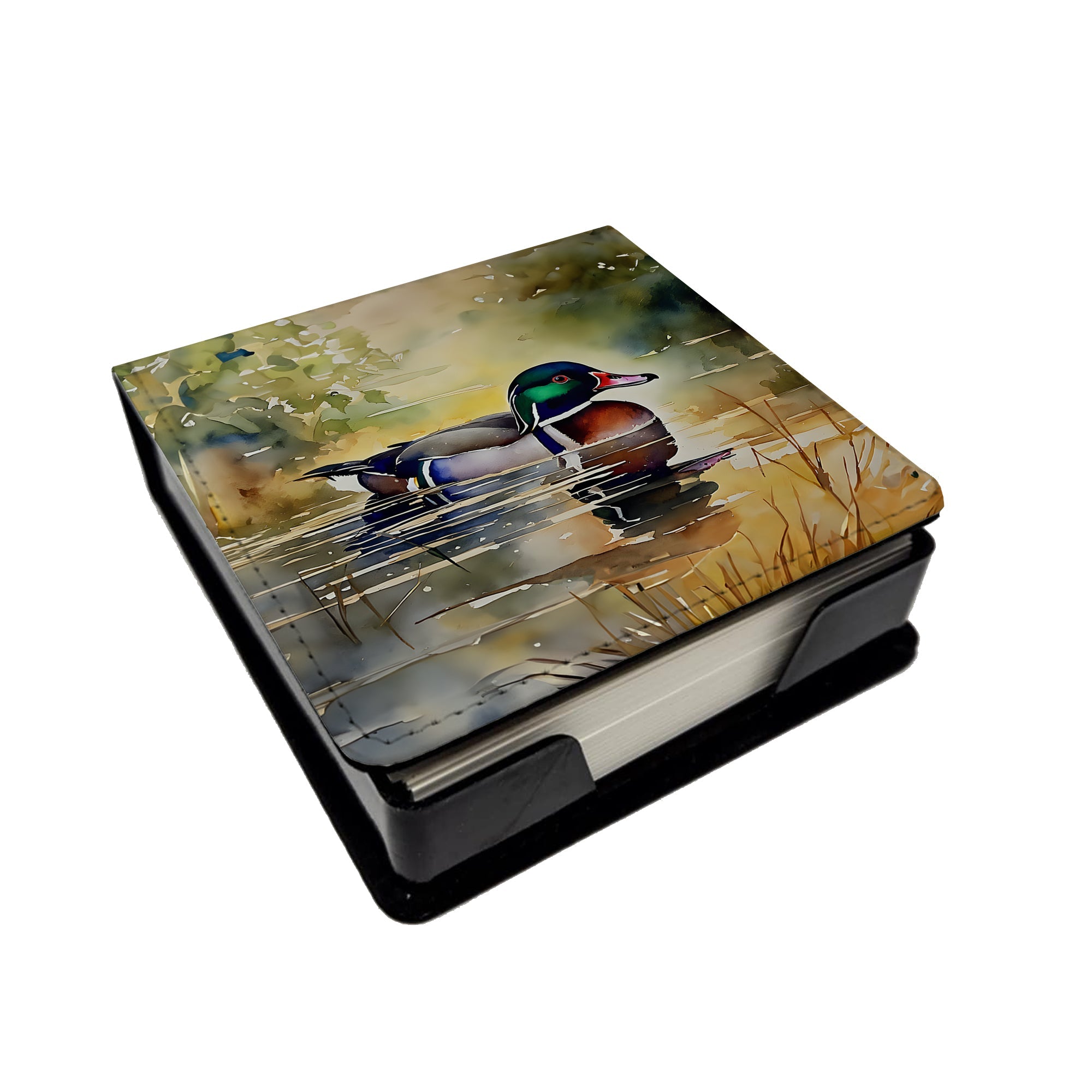 Wood Duck Swimming Pond Watercolor PU Leather Note Paper Holder with Artist-Designed Cover, Desk Accessory, Office Gift