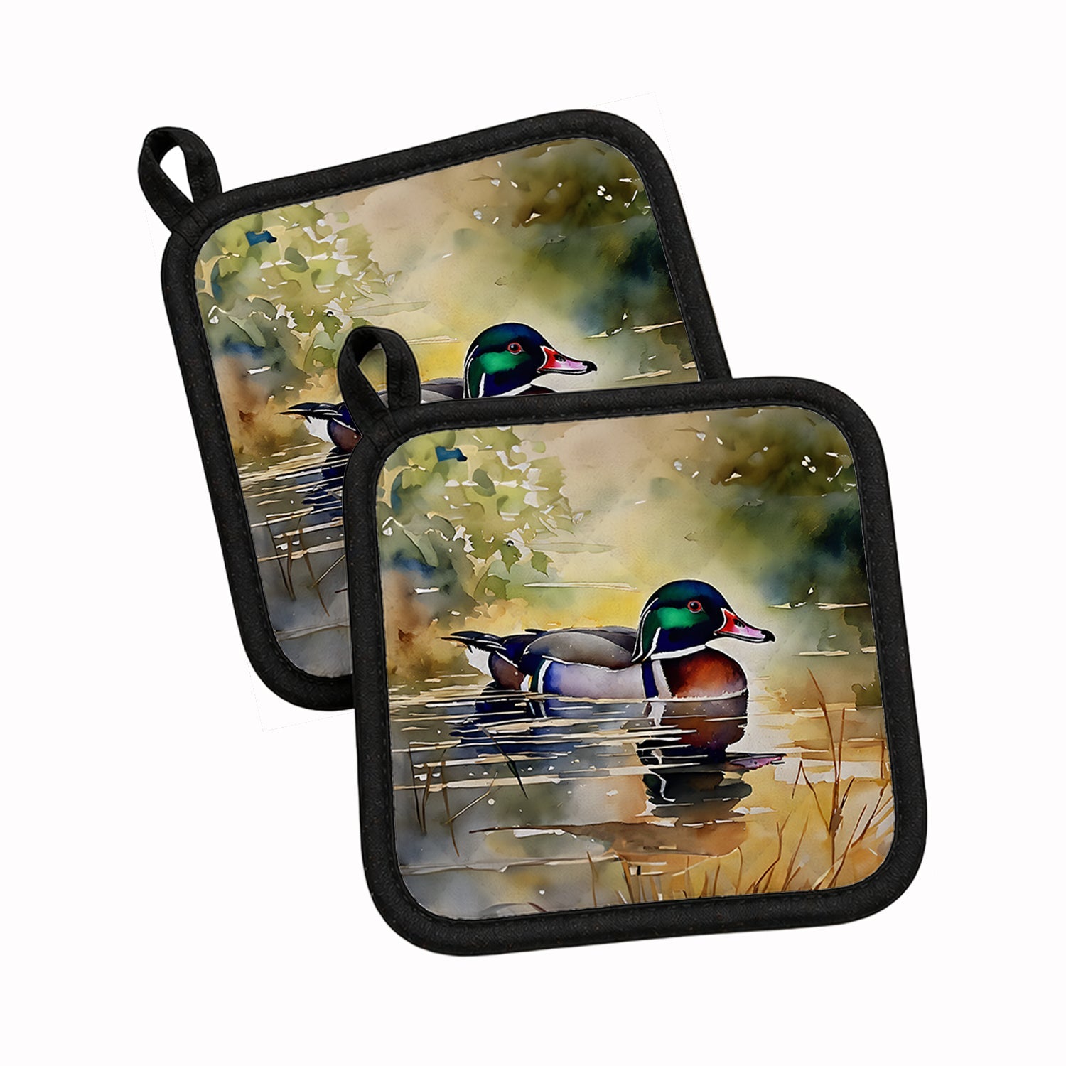 Wood Duck Swimming Pond Watercolor Pot Holder Set of 2 Heat Resistant Quilted Hot Pads 7.5 x 7.5 Inch, Insulated Kitchen Trivets for Cooking & Baking