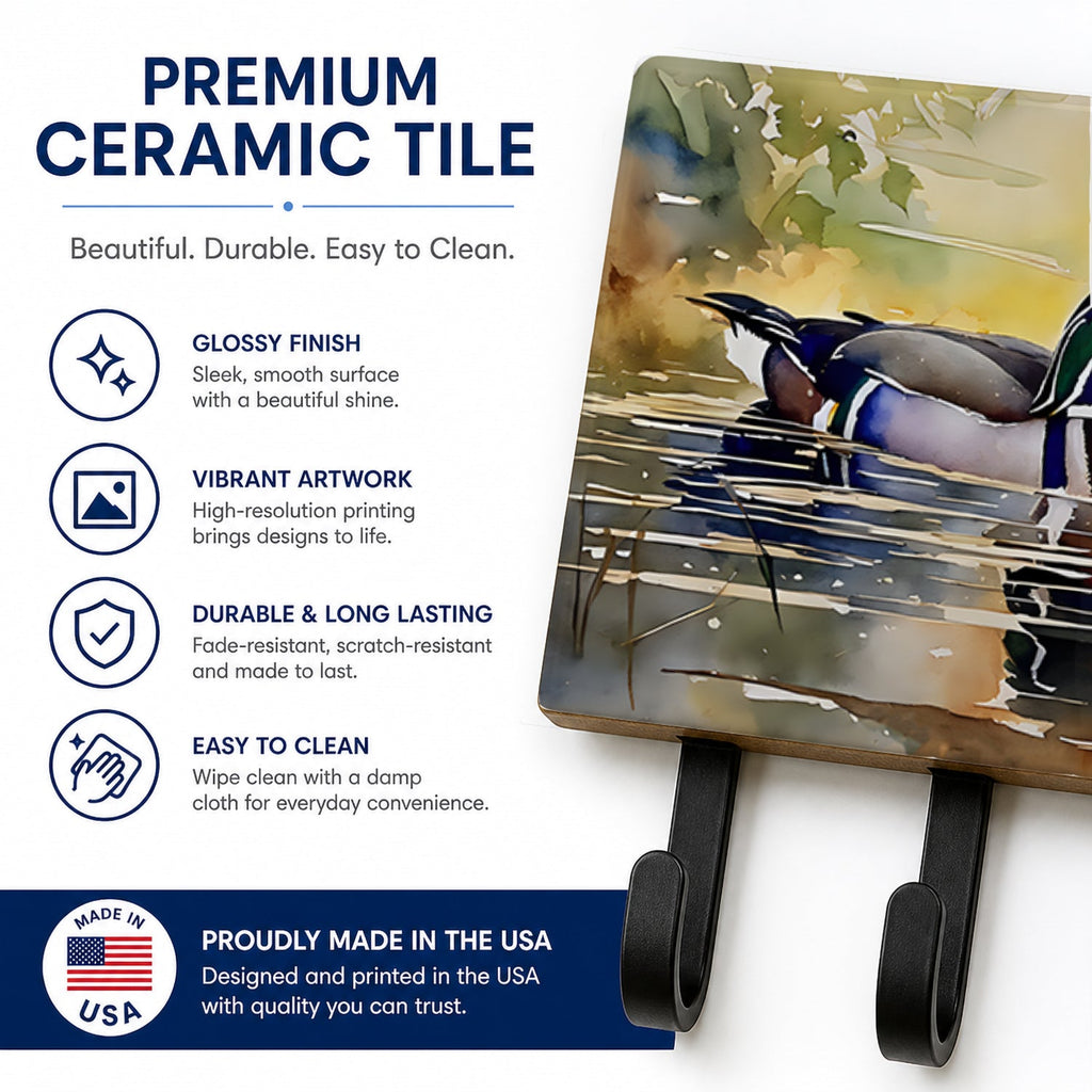 Wood Duck Swimming Pond Watercolor Leash or Key Holder Wall Hooks, Coat Rack Wall Mount, for Hanging Keys, Towels, Aprons, Leashes