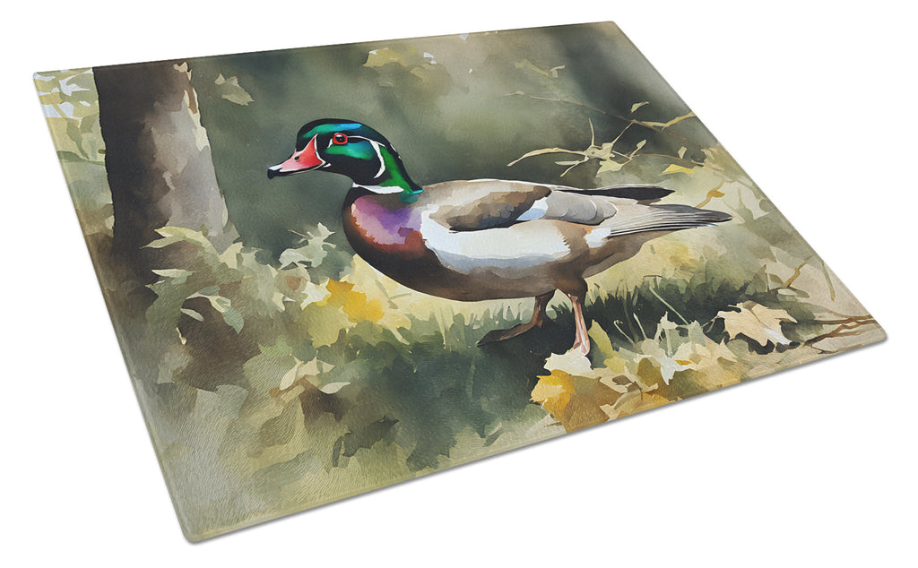 Wood Duck Standing Forest Floor Watercolor Cutting Board Tempered Glass Kitchen Cutting Surface, Heat Resistant Chopping, Non-Slip Feet, Food Prep & Serving
