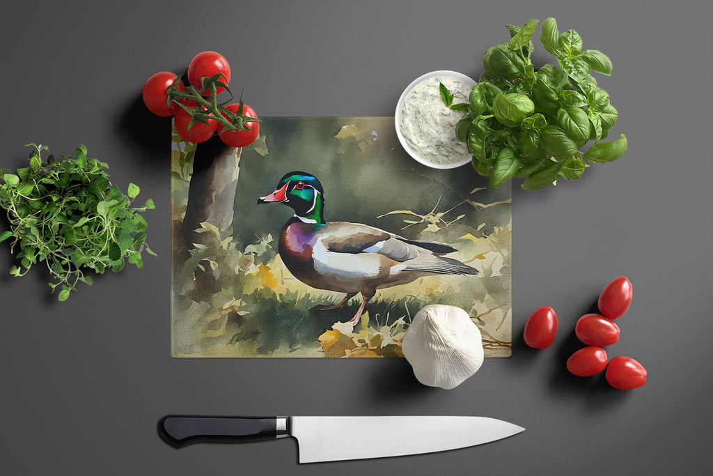 Wood Duck Standing Forest Floor Watercolor Cutting Board Tempered Glass Kitchen Cutting Surface, Heat Resistant Chopping, Non-Slip Feet, Food Prep & Serving