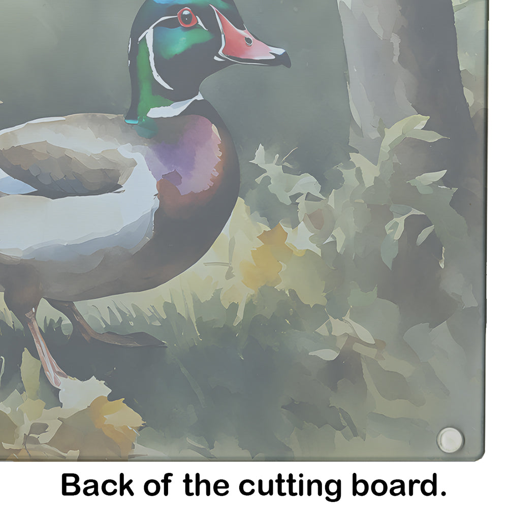 Wood Duck Standing Forest Floor Watercolor Cutting Board Tempered Glass Kitchen Cutting Surface, Heat Resistant Chopping, Non-Slip Feet, Food Prep & Serving