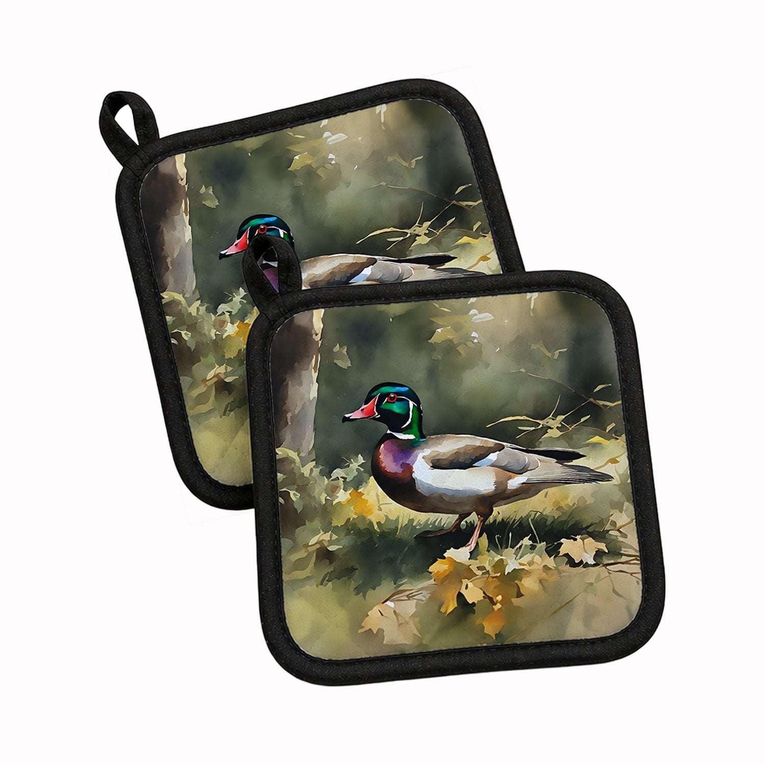 Wood Duck Standing Forest Floor Watercolor Pot Holder Set of 2 Heat Resistant Quilted Hot Pads 7.5 x 7.5 Inch, Insulated Kitchen Trivets for Cooking & Baking