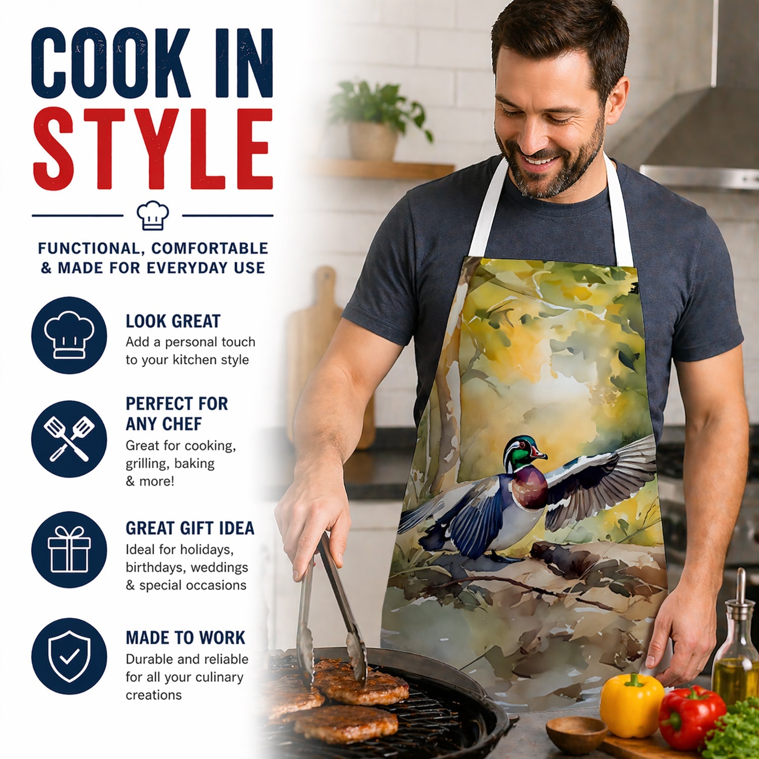 Wood Duck Taking Flight Watercolor Apron Cooking Kitchen Server Baking Crafts Gardening for Adult Women Men, Unisex, Large, Multicolor