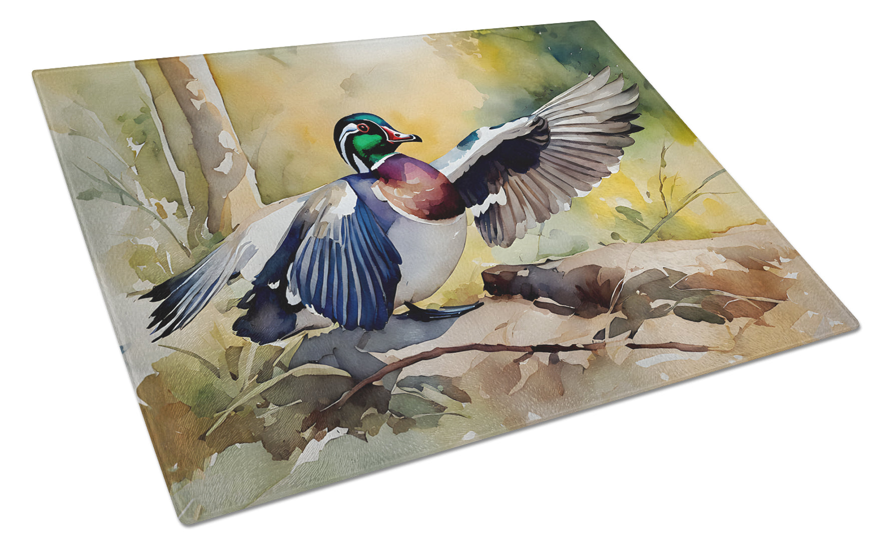 Wood Duck Taking Flight Watercolor Cutting Board Tempered Glass Kitchen Cutting Surface, Heat Resistant Chopping, Non-Slip Feet, Food Prep & Serving