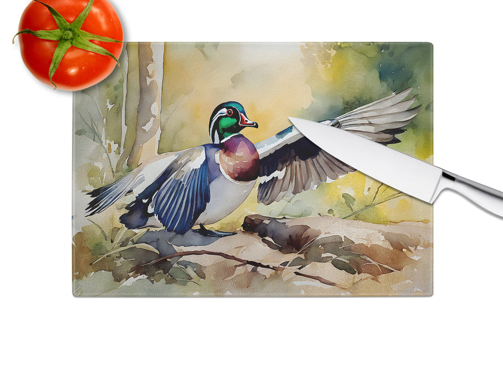 Wood Duck Taking Flight Watercolor Cutting Board Tempered Glass Kitchen Cutting Surface, Heat Resistant Chopping, Non-Slip Feet, Food Prep & Serving