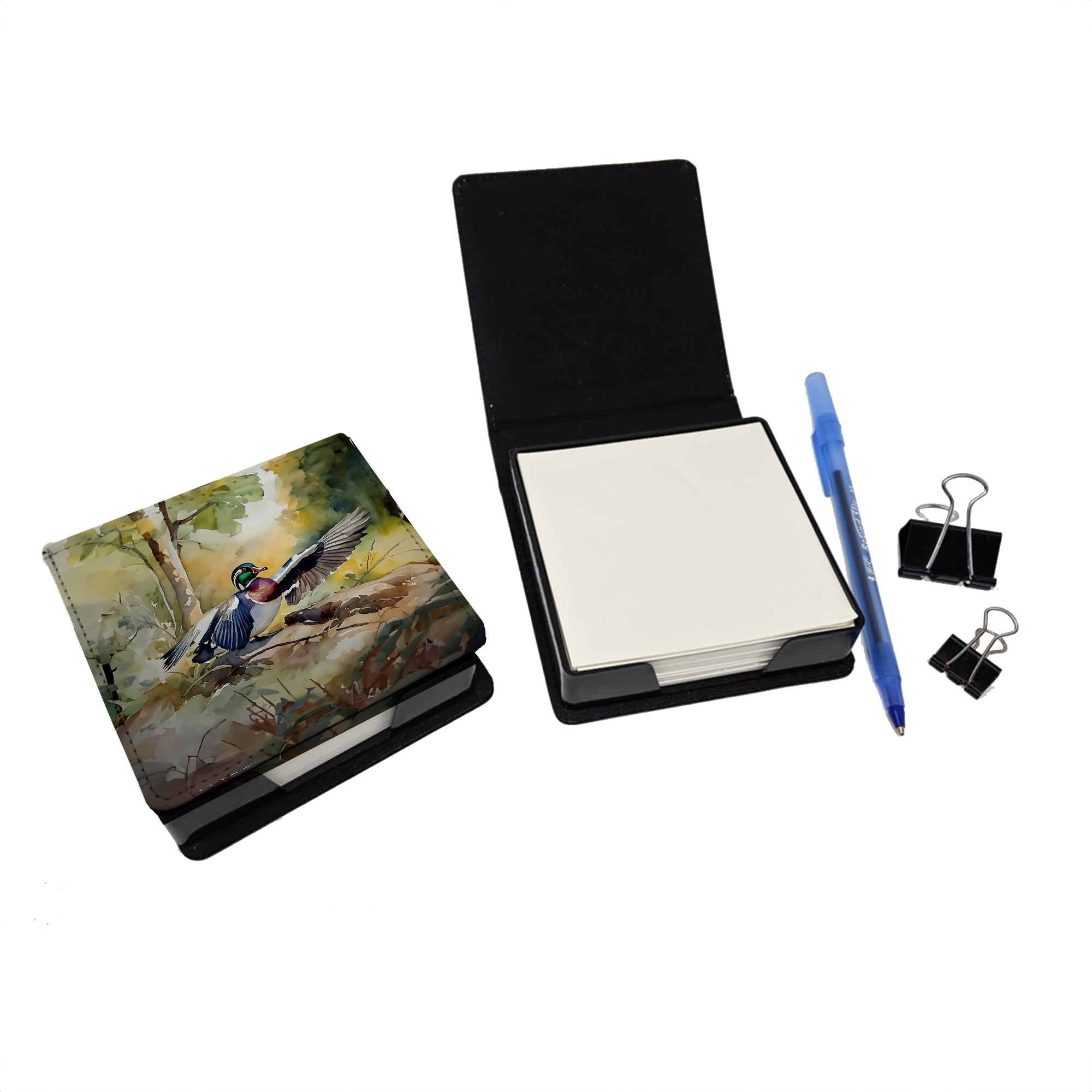 Wood Duck Taking Flight Watercolor PU Leather Note Paper Holder with Artist-Designed Cover, Desk Accessory, Office Gift