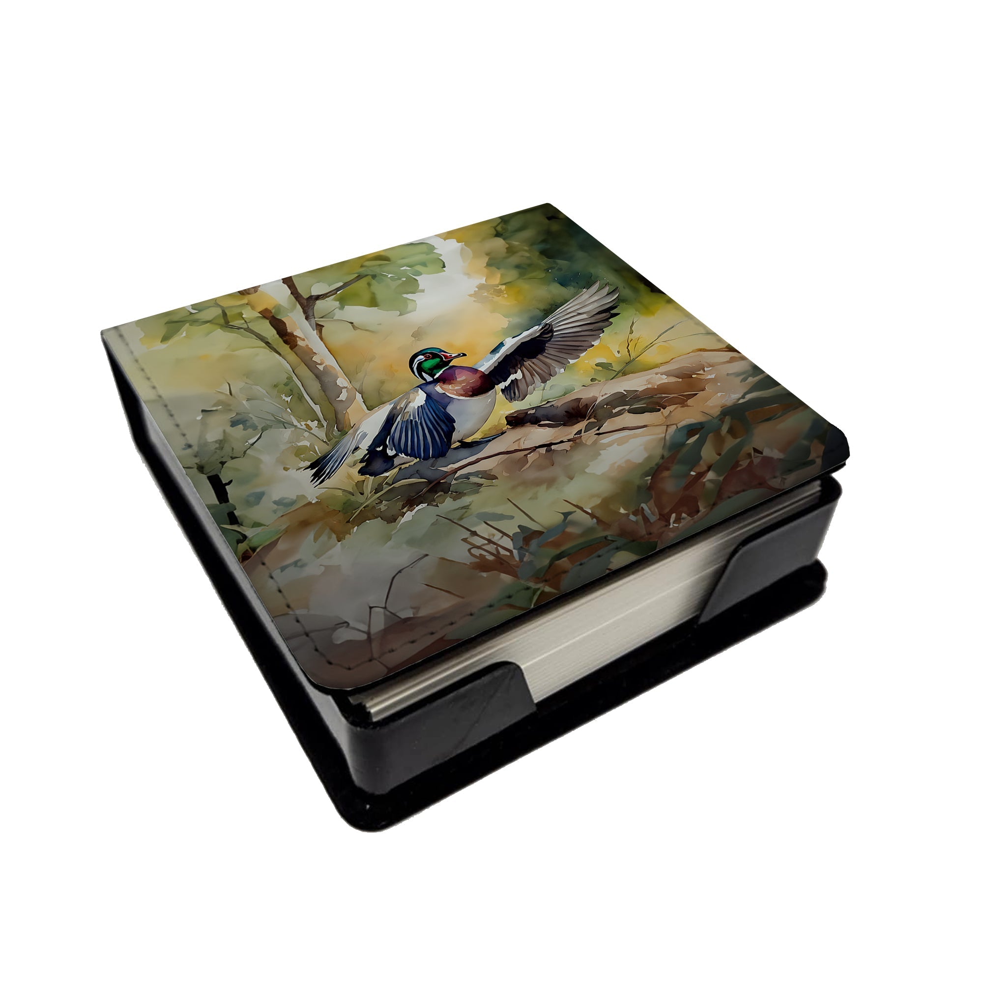 Wood Duck Taking Flight Watercolor PU Leather Note Paper Holder with Artist-Designed Cover, Desk Accessory, Office Gift