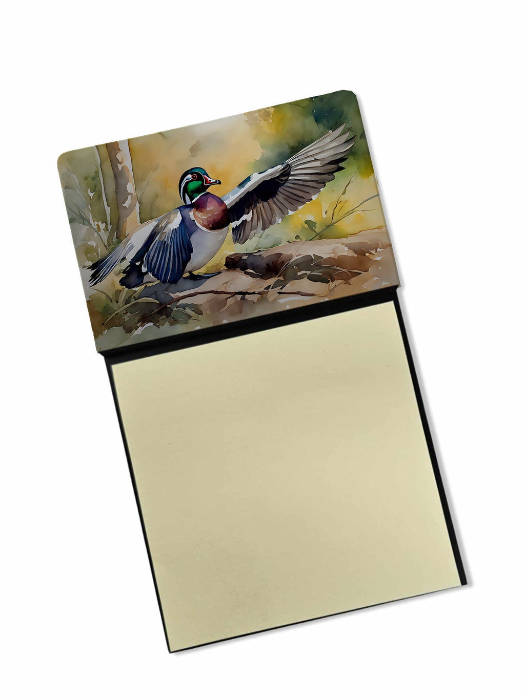 Wood Duck Taking Flight Watercolor Watercolor Sticky Note Holder Refillable Dispenser Desk Accessory 3x3 Pad Gift