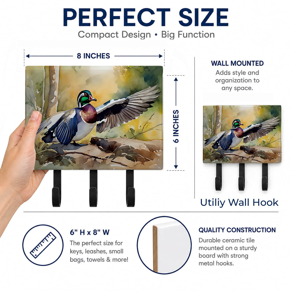 Wood Duck Taking Flight Watercolor Leash or Key Holder Wall Hooks, Coat Rack Wall Mount, for Hanging Keys, Towels, Aprons, Leashes