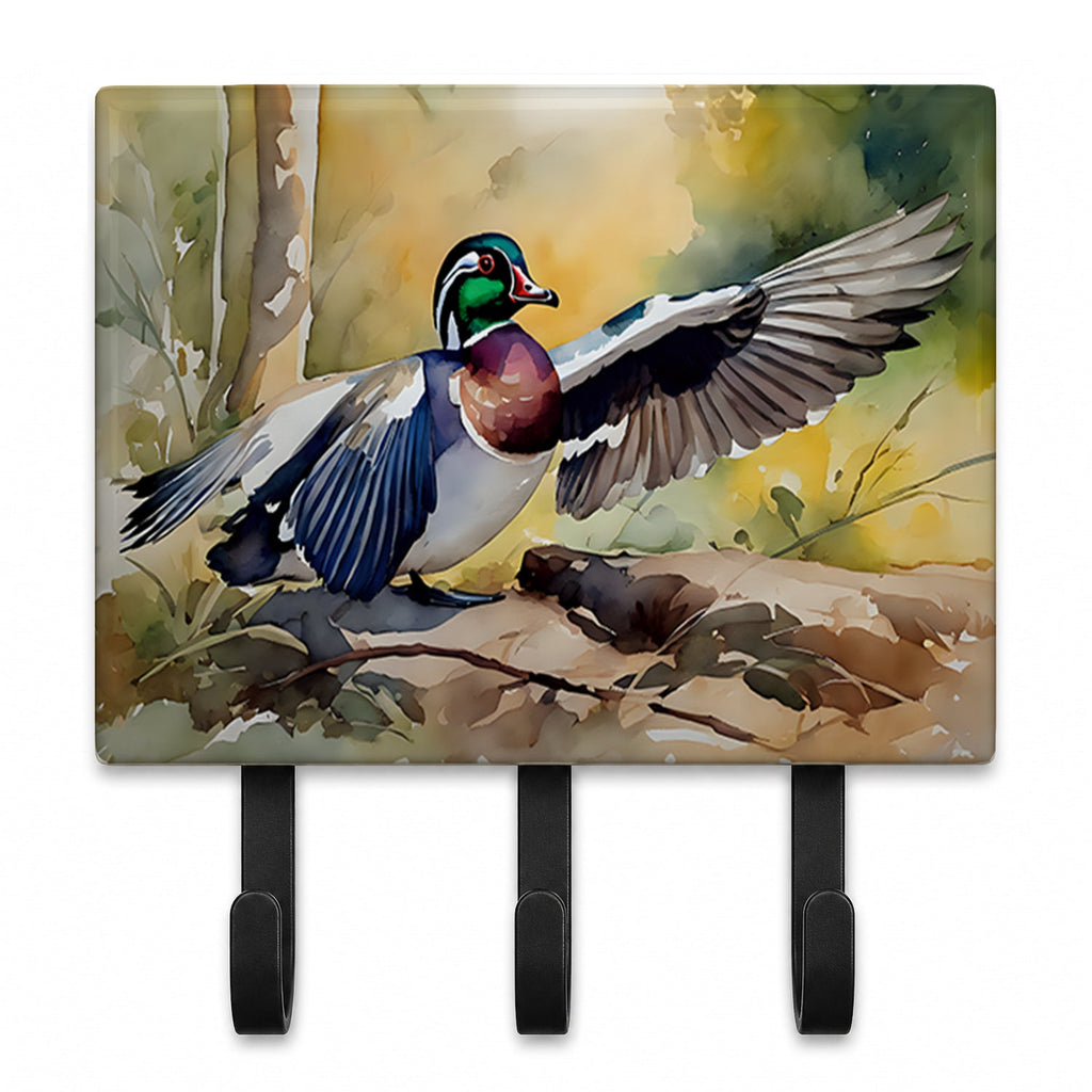 Wood Duck Taking Flight Watercolor Leash or Key Holder Wall Hooks, Coat Rack Wall Mount, for Hanging Keys, Towels, Aprons, Leashes