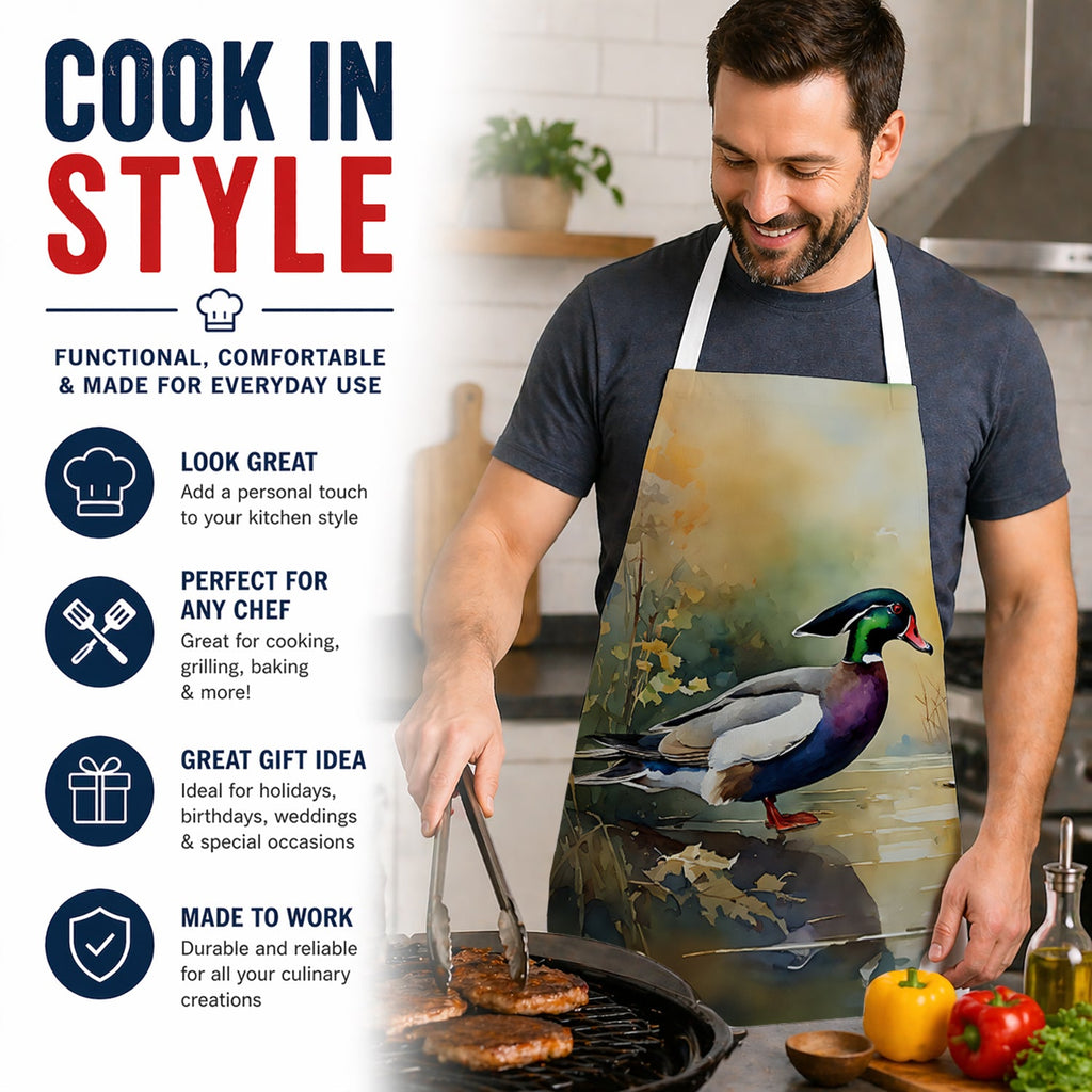Wood Duck Swimming Woodland Watercolor Apron Cooking Kitchen Server Baking Crafts Gardening for Adult Women Men, Unisex, Large, Multicolor